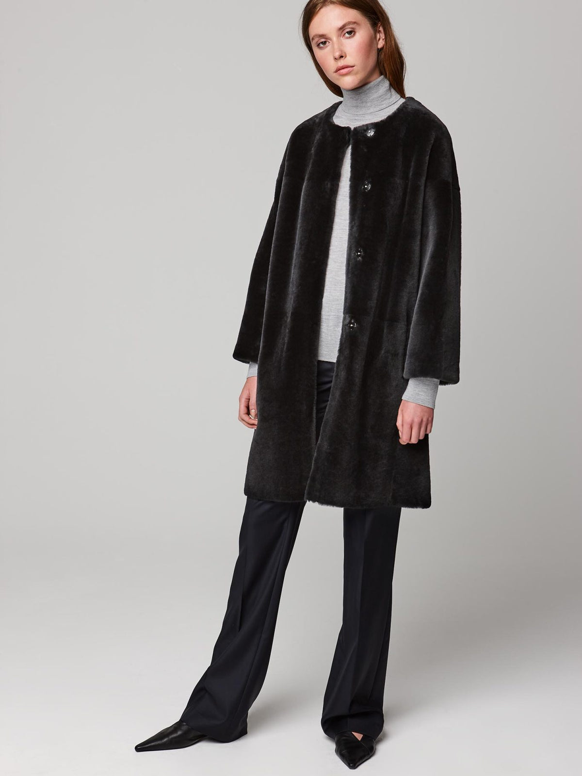 neat collarless shearling coat in dark grey - women | gushlow and cole - cell image 1