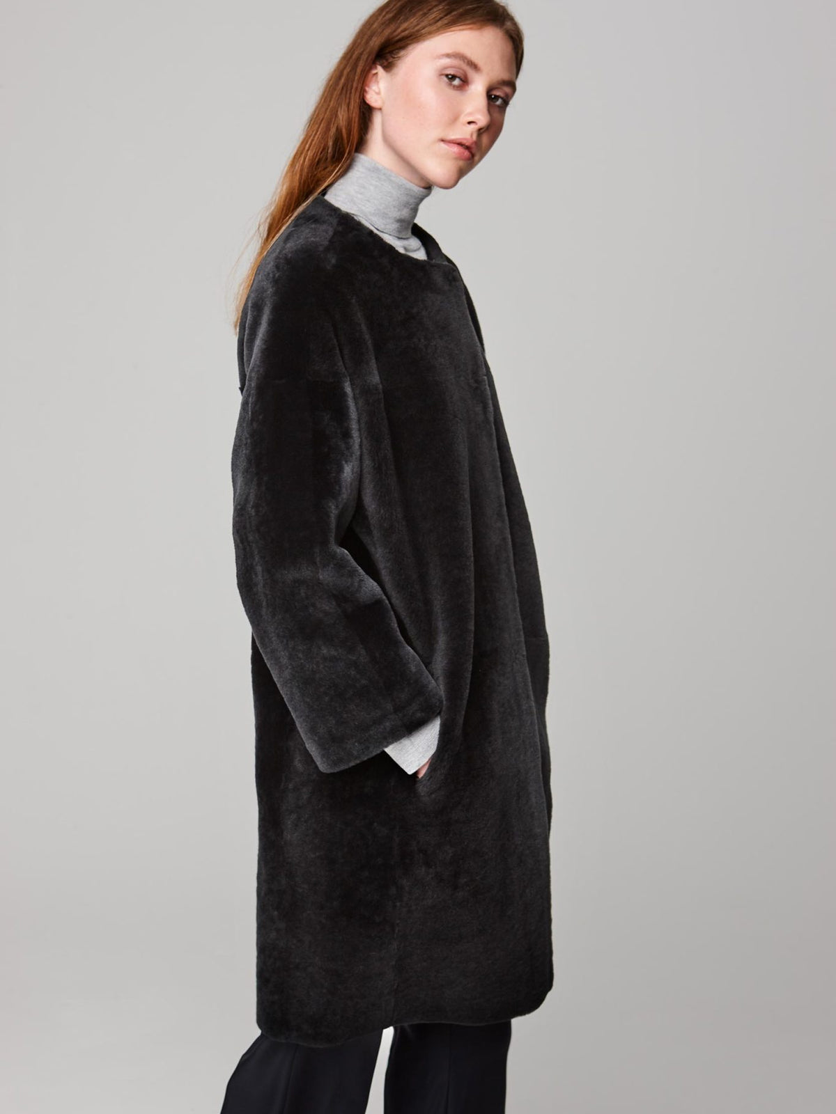 neat collarless shearling coat in dark grey - women | gushlow and cole - cell image 3