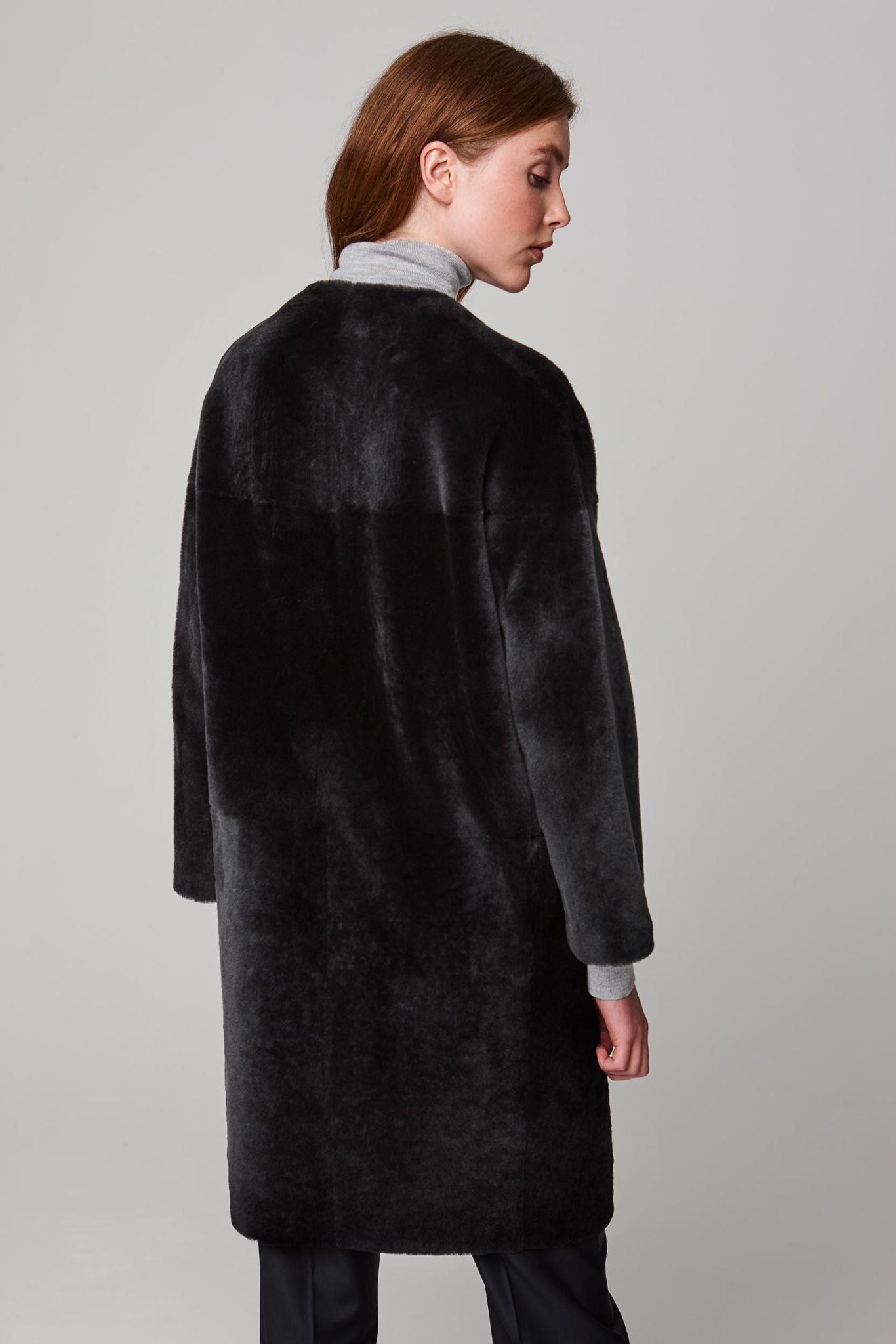 neat collarless shearling coat in dark grey - women | gushlow and cole - cell image 4