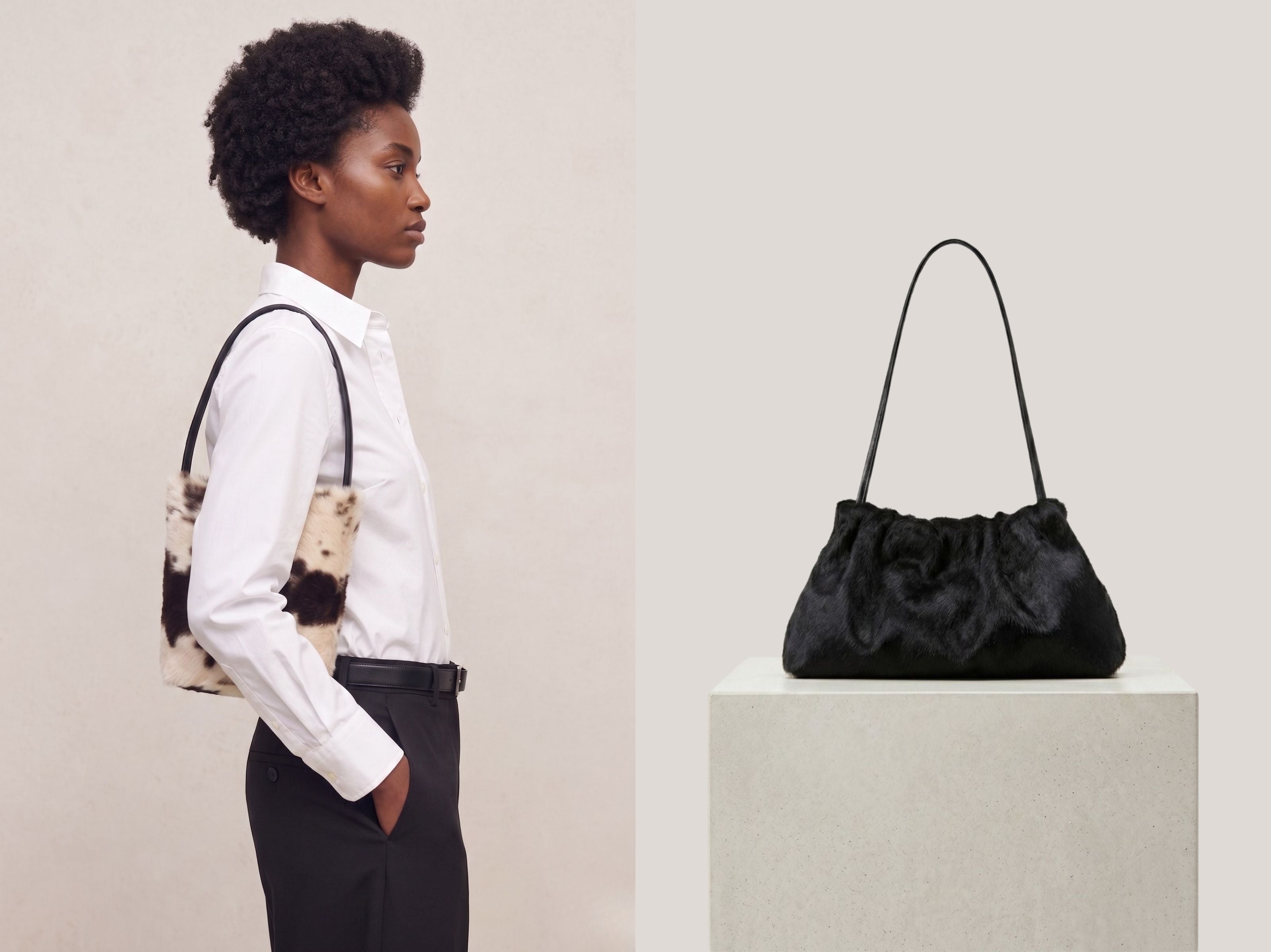 woman wearing pintos bucket bag and black shoulder bag by gushlow & cole on white background