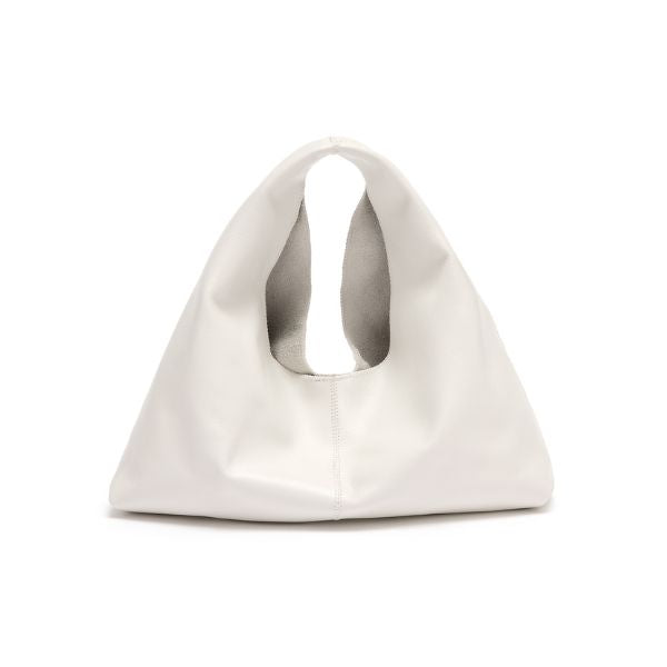 white mini leather shoulder bag on white background - luxury womens shearling gushlow & cole