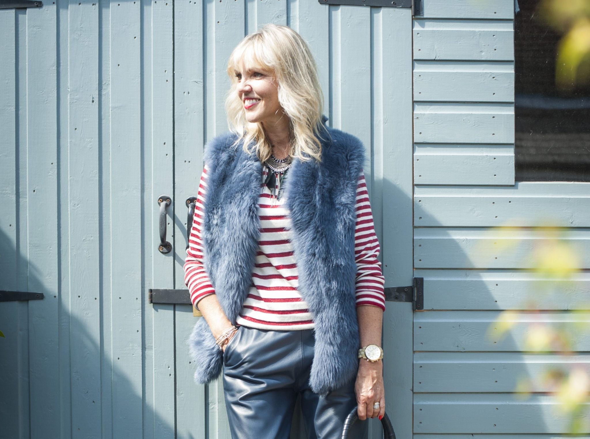 lynne meek wearing denim knit back gilet by gate