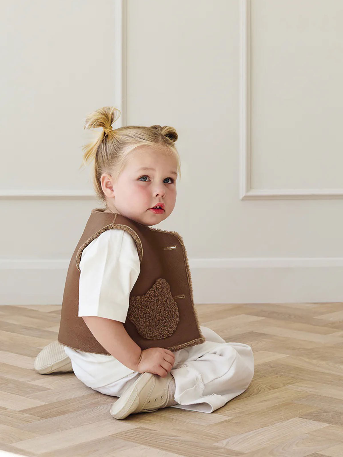 Albie Camel Kids Teddy Shearling Gilet | Kids | Gushlow & Cole - on girl model inside