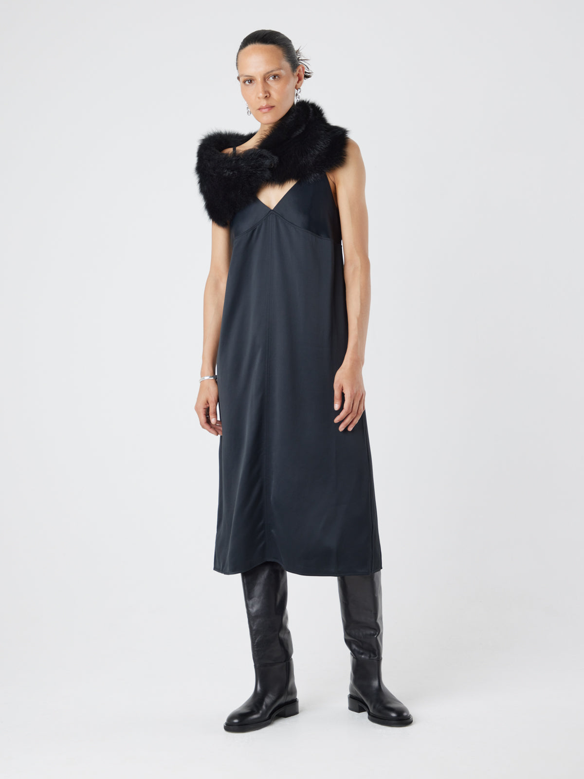 Baby Button Black Shearling Scarf | Womens | Gushlow & Cole-model with scarf over shoulders