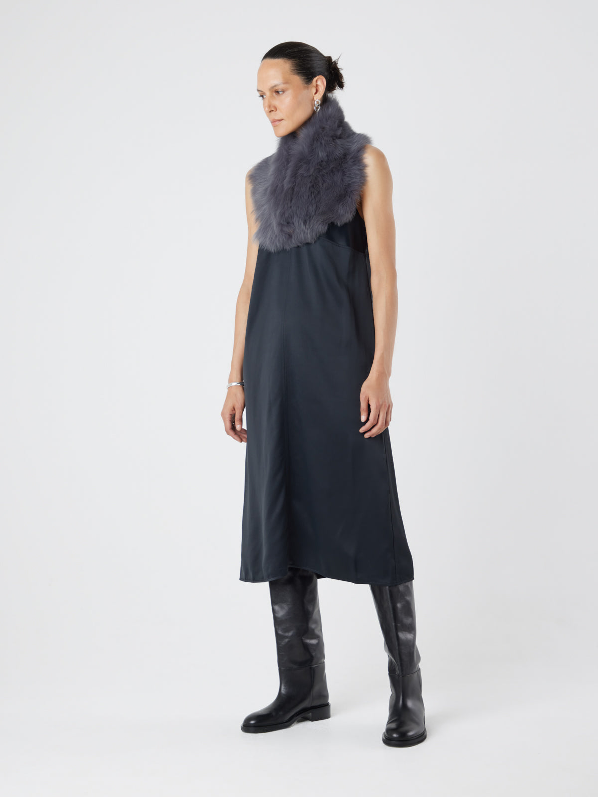 Baby Button Grey Shearling Scarf | Womens | Gushlow & Cole - full length model side