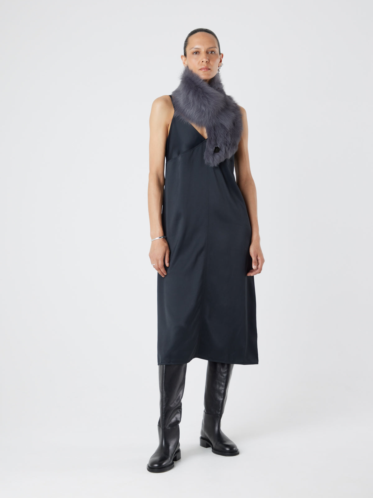Baby Button Grey Shearling Scarf | Womens | Gushlow & Cole - full length model
