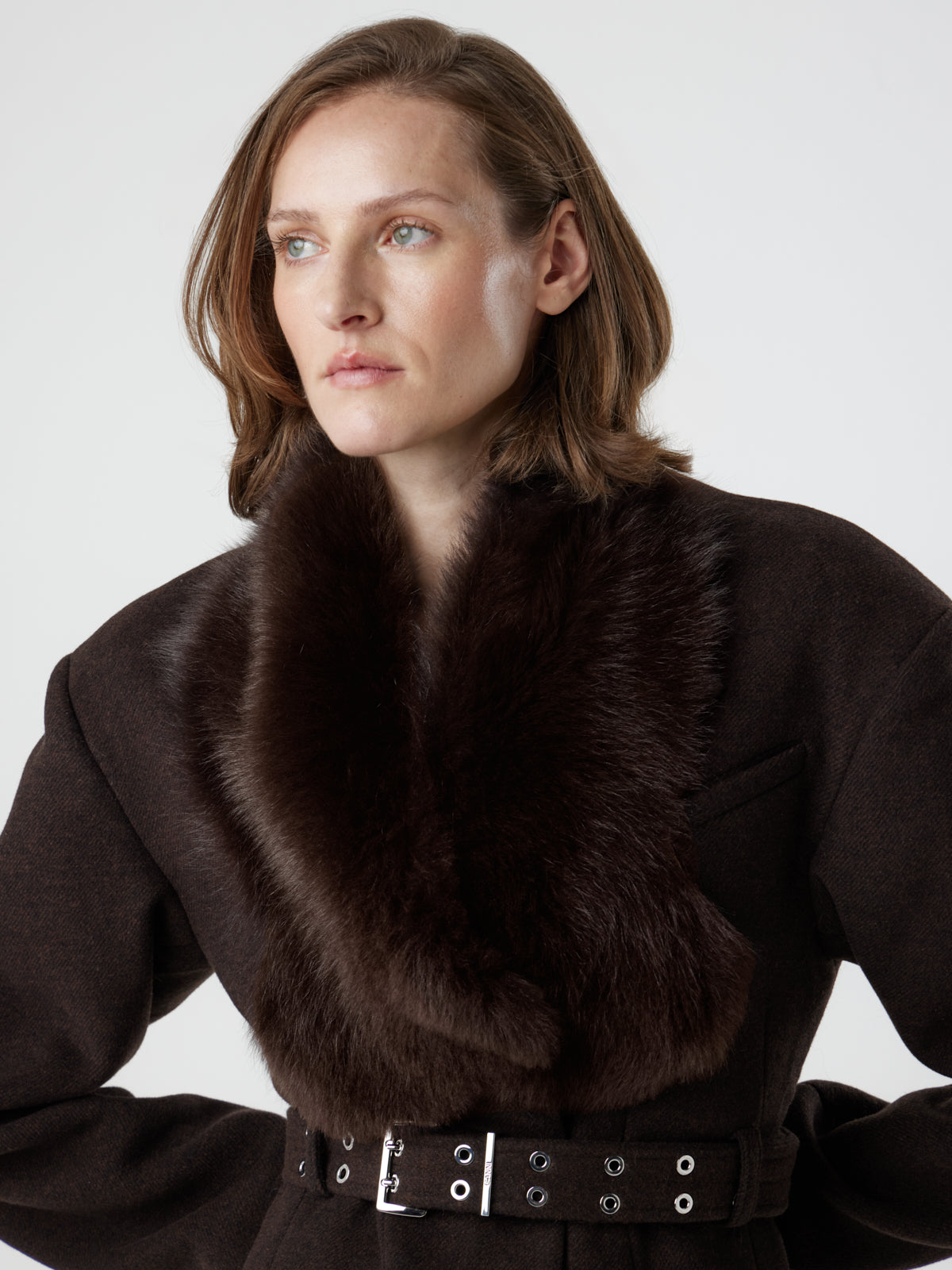 woman wearing Baby Button Brown Shearling Scarf by gushlow & cole