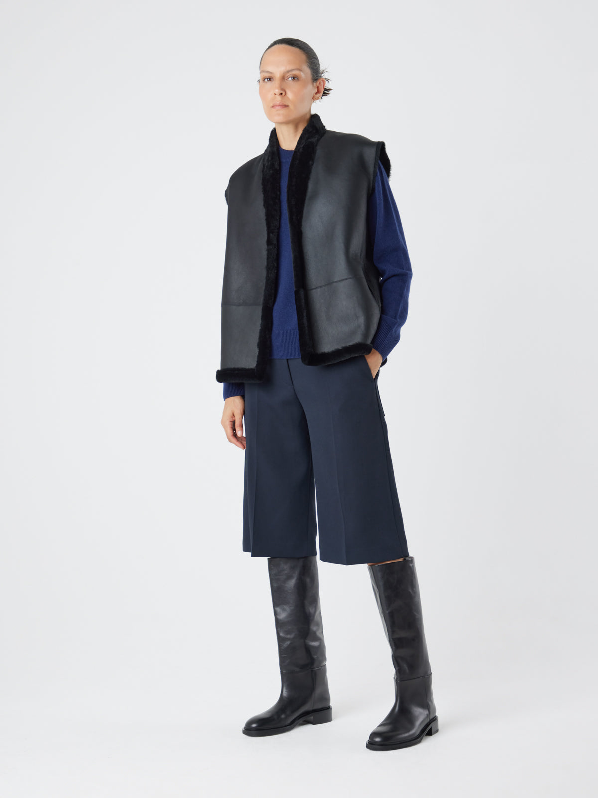 Black Boxy Shearling Gilet | Womens | Gushlow & Cole - model front leather out