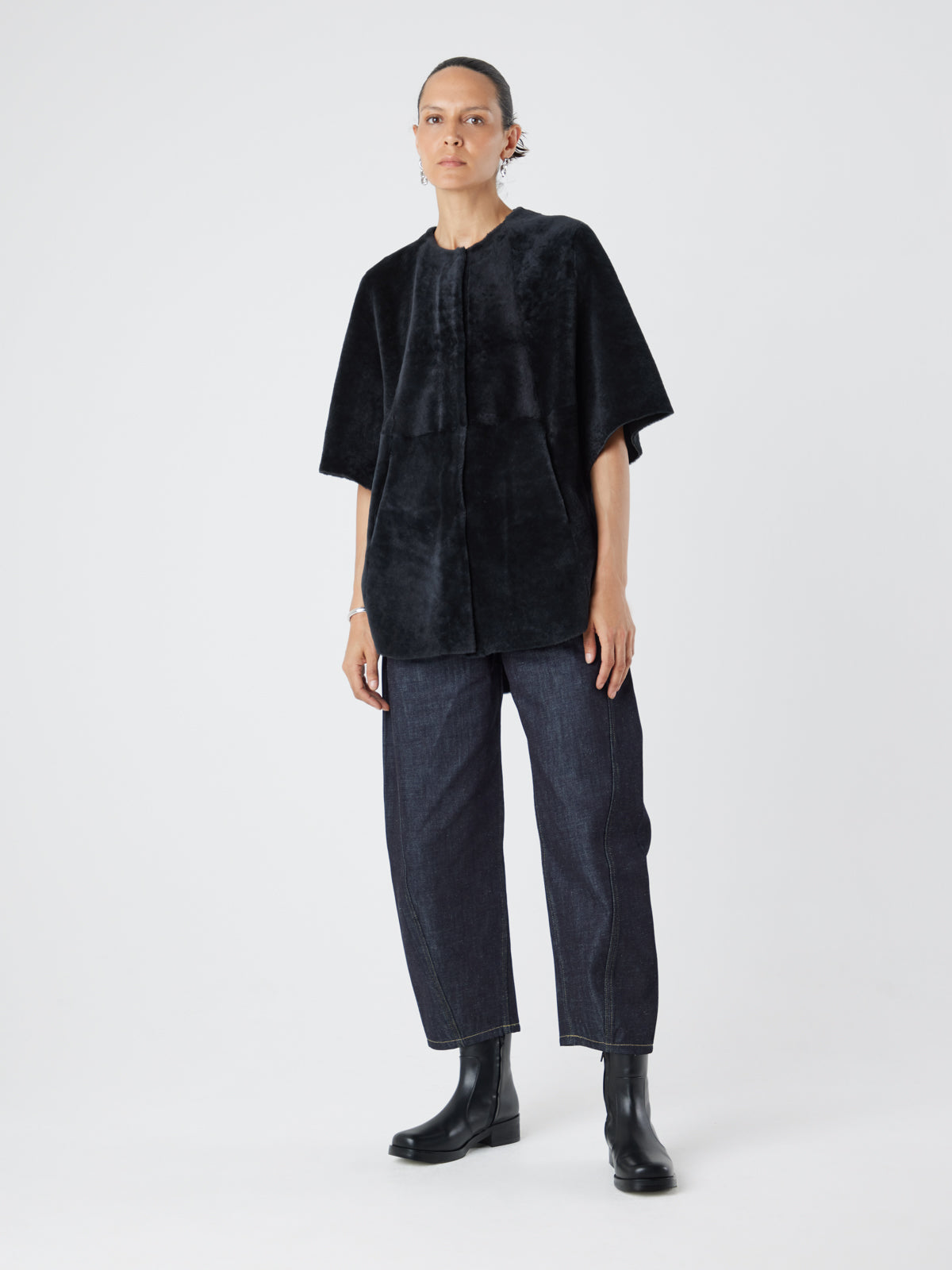 Black Collarless Shearling Cape | Womens | Gushlow & Cole- model full length