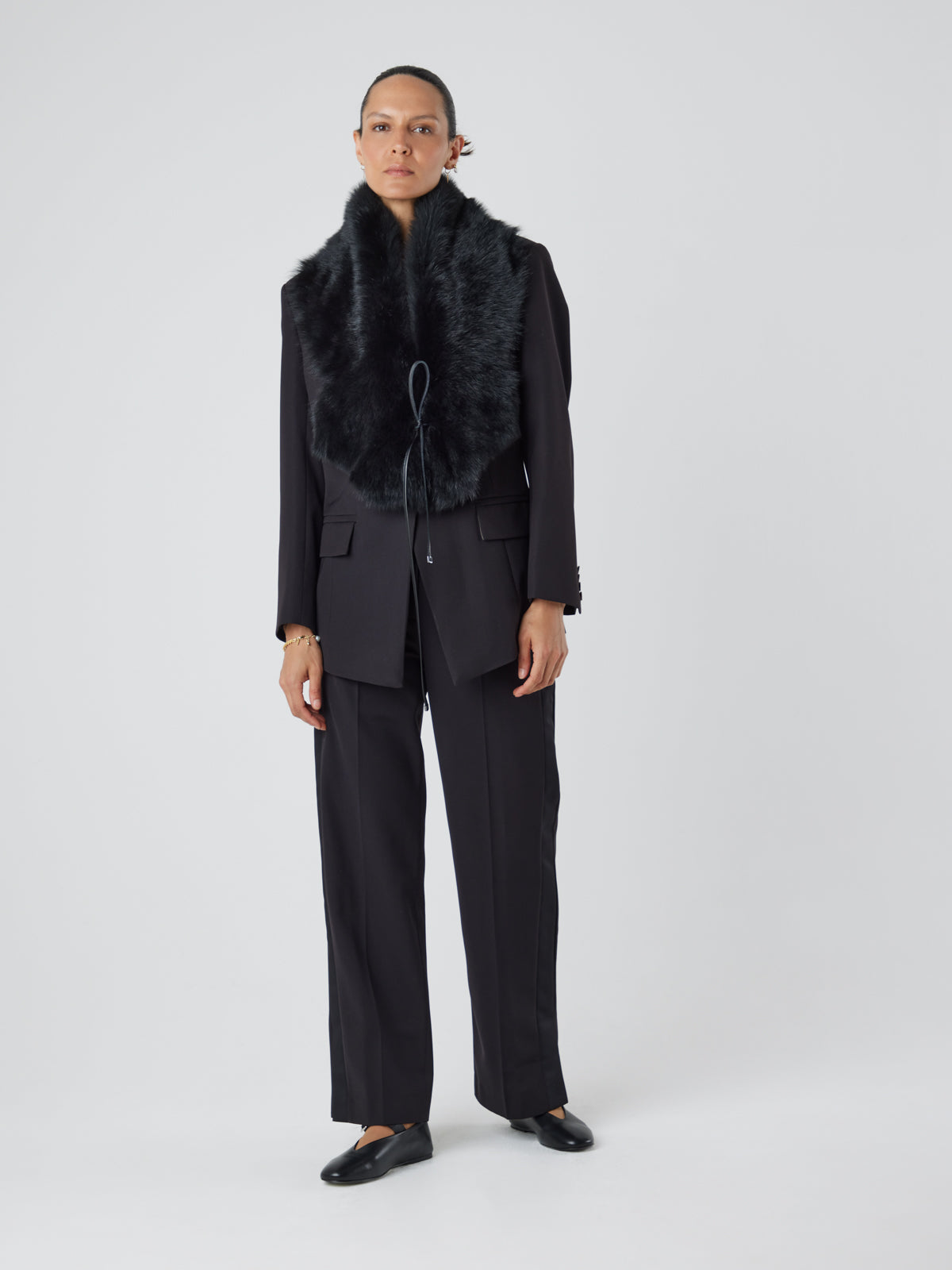 Black Shearling Shawl Scarf | Womens | Gushlow & Cole - scarf down on model