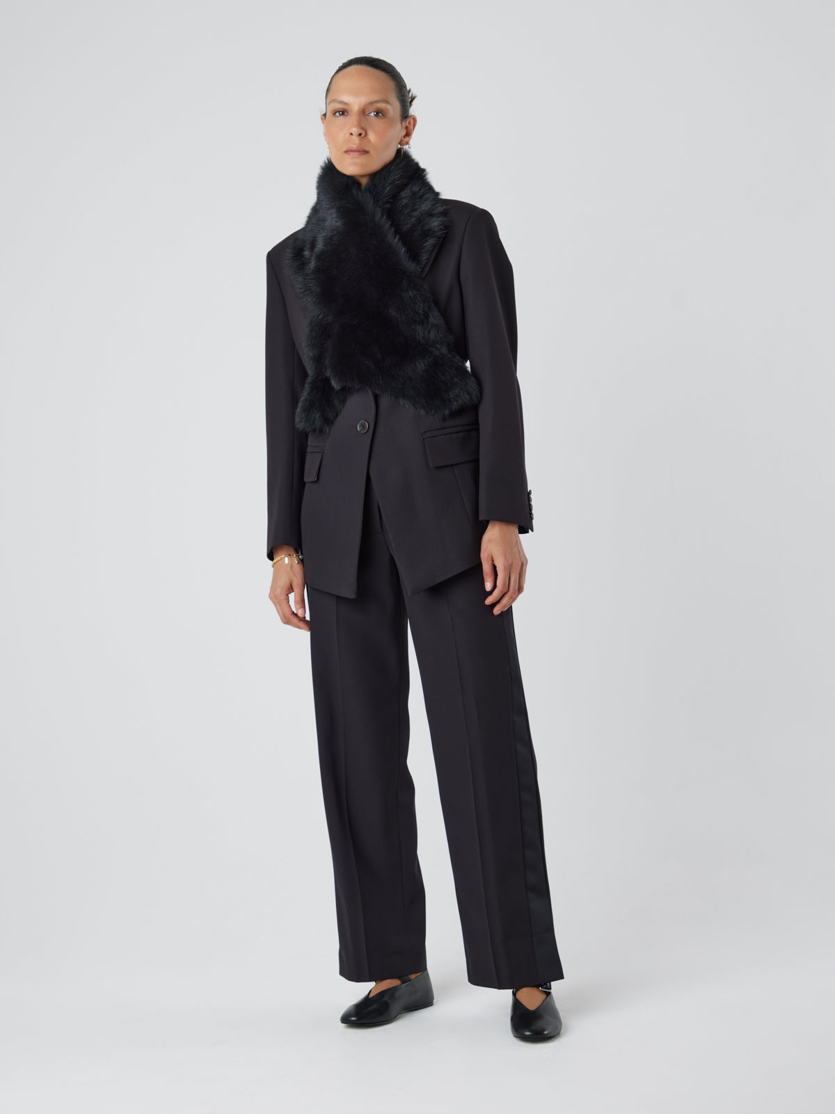 Black Shearling Shawl Scarf | Womens | Gushlow & Cole - scarf crossed over on model