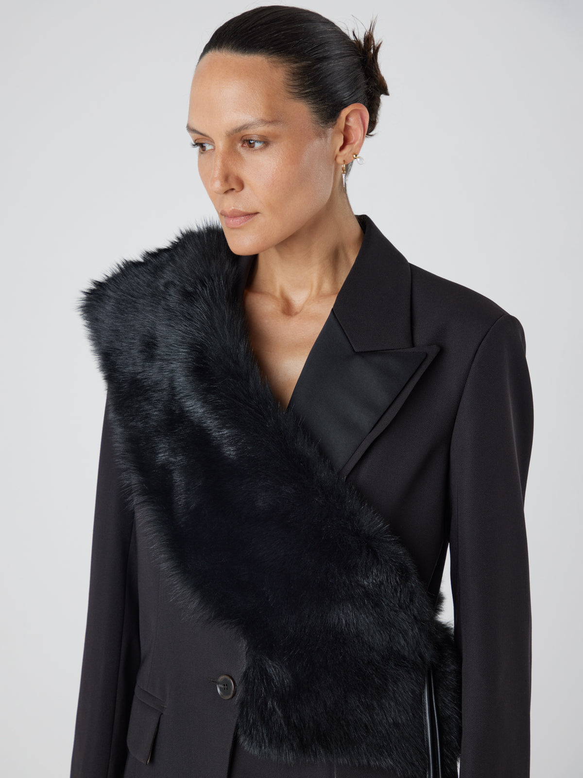 Black Shearling Shawl Scarf | Womens | Gushlow & Cole - scarf crossed over on model crop