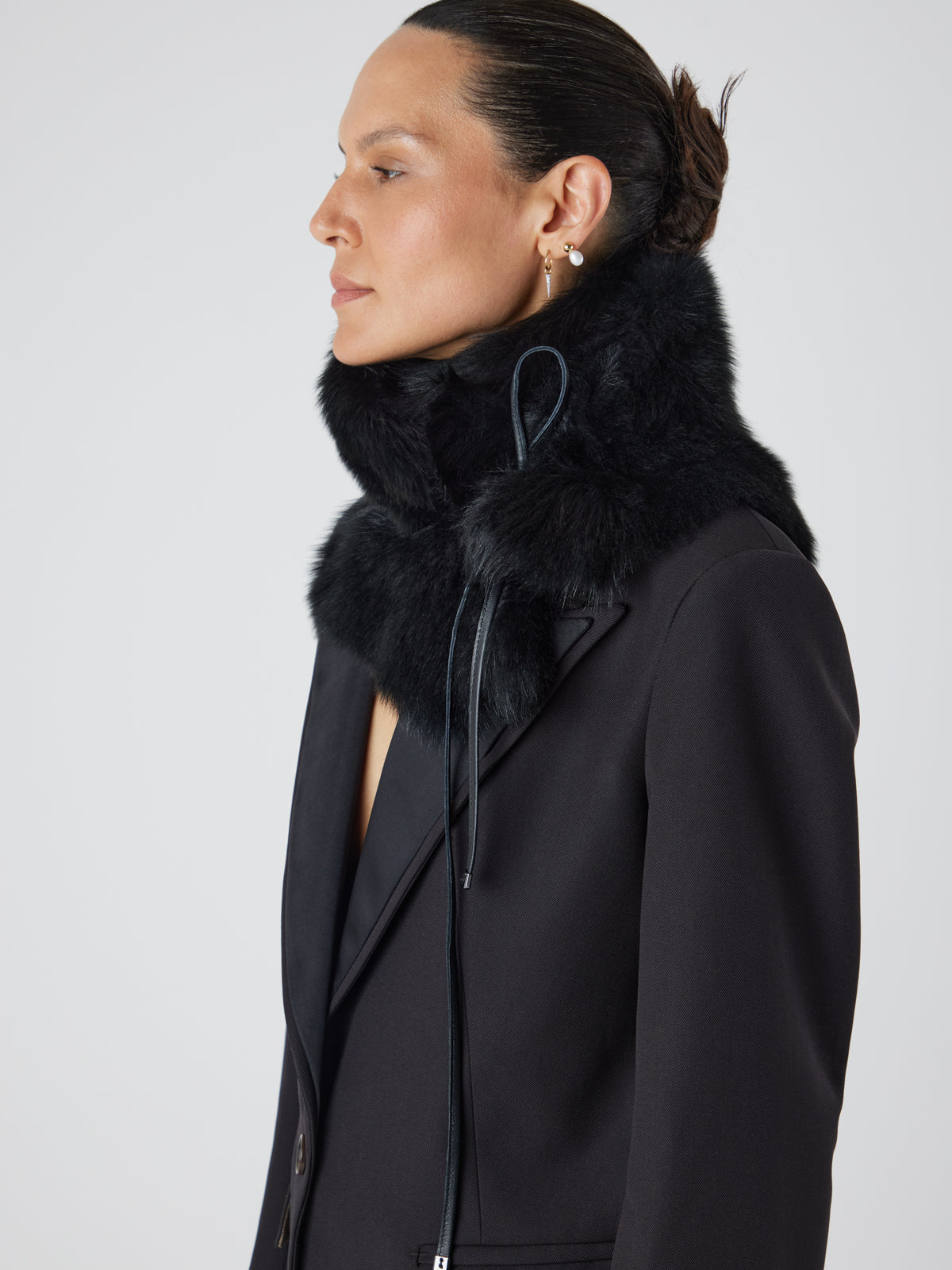 Black Shearling Shawl Scarf | Womens | Gushlow & Cole - scarf snood on model crop side
