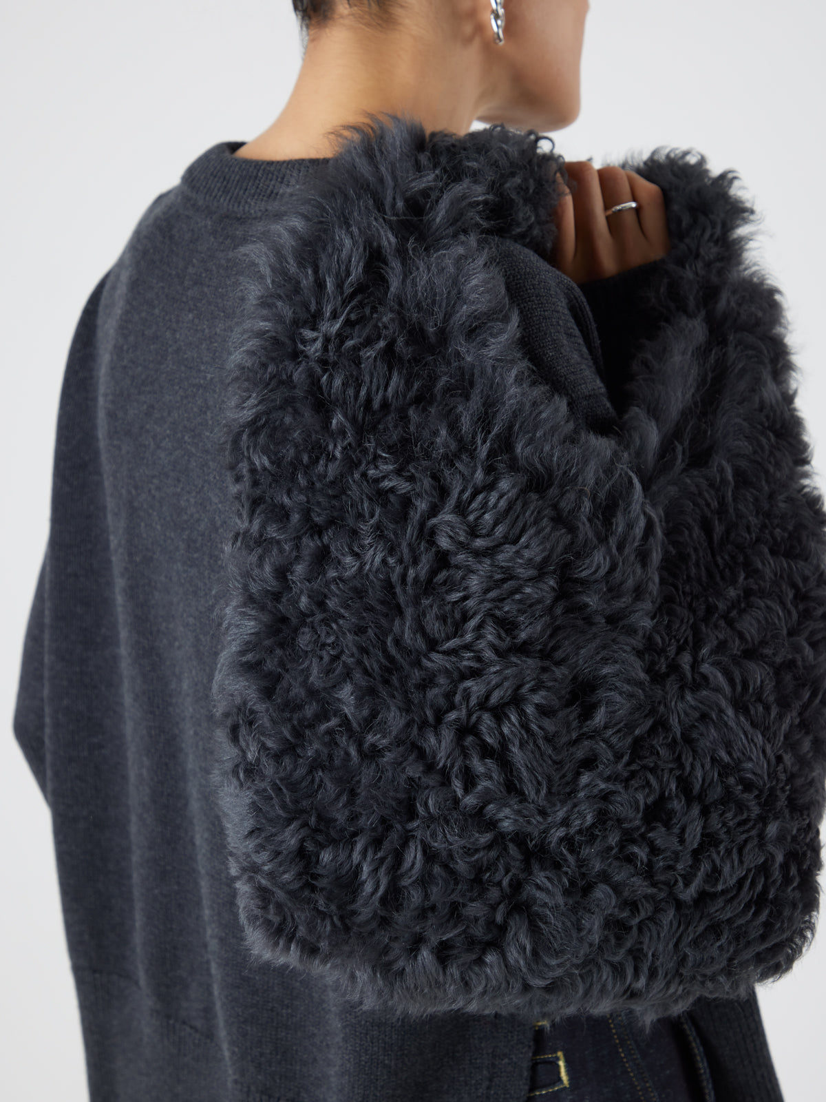 Black Shearling Slouch Bag | Womens | Gushlow & Cole - model holding bag over shoulder