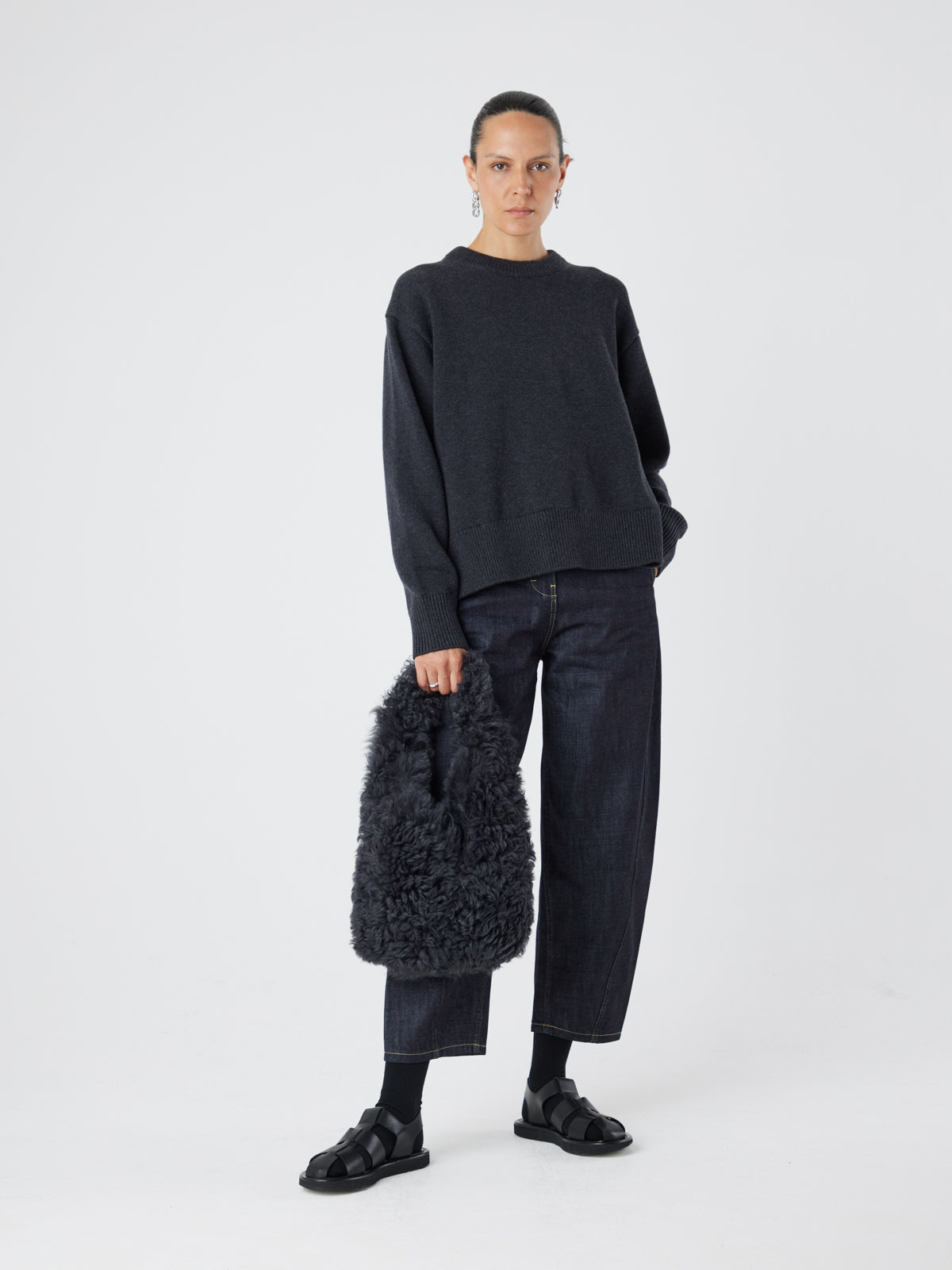 Black Shearling Slouch Bag | Womens | Gushlow & Cole - model full length holding bag