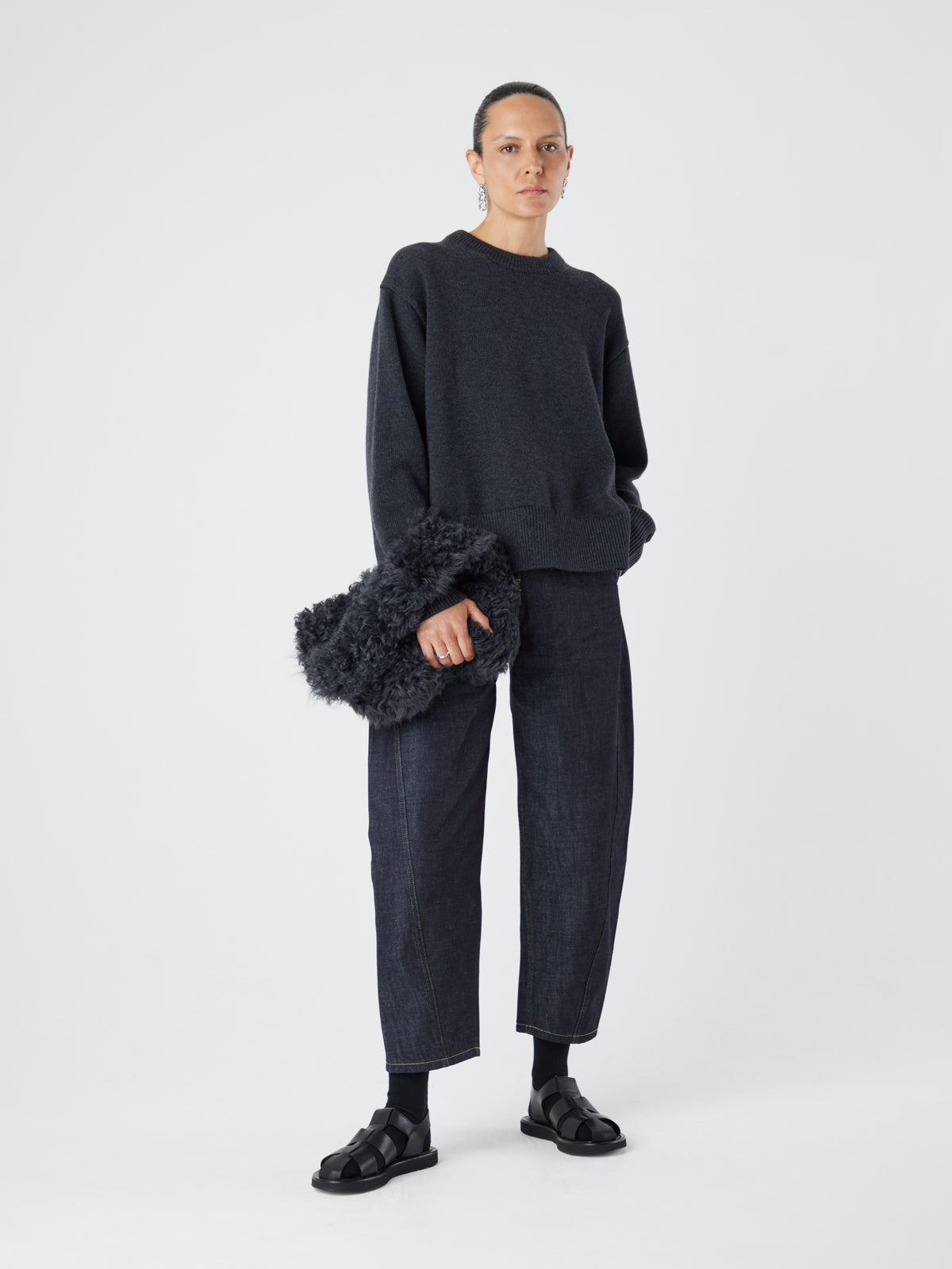 Black Shearling Slouch Bag | Womens | Gushlow & Cole - model full length clutch bag