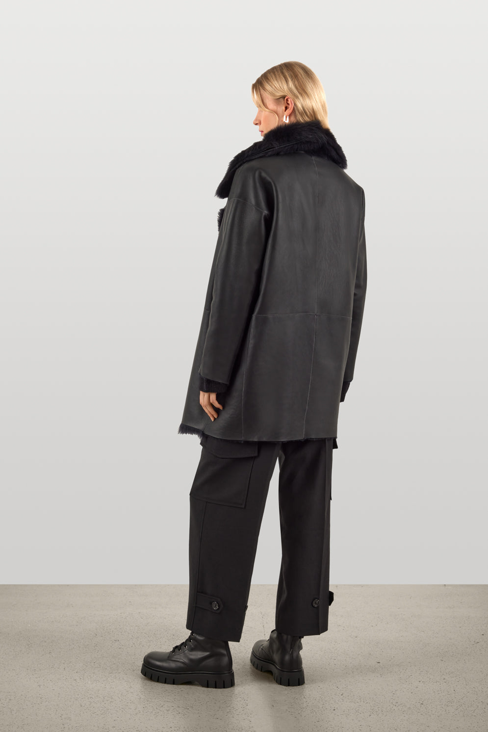 Black Shearling Taper Coat | Womens Luxury Shearling | Gushlow & Cole | model full length back reverse