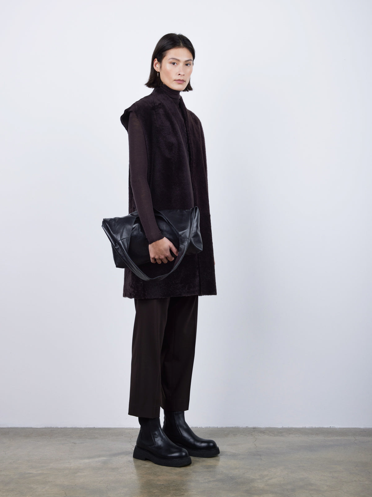 Brown Boxy Shearling Gilet | Womens | Gushlow & Cole- full length model side