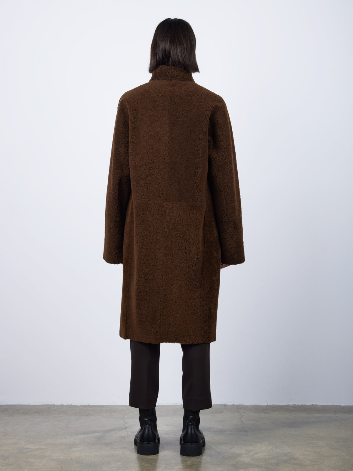 Brown Collarless Shearling Wrap Coat | Womens | Gushlow & Cole - model back