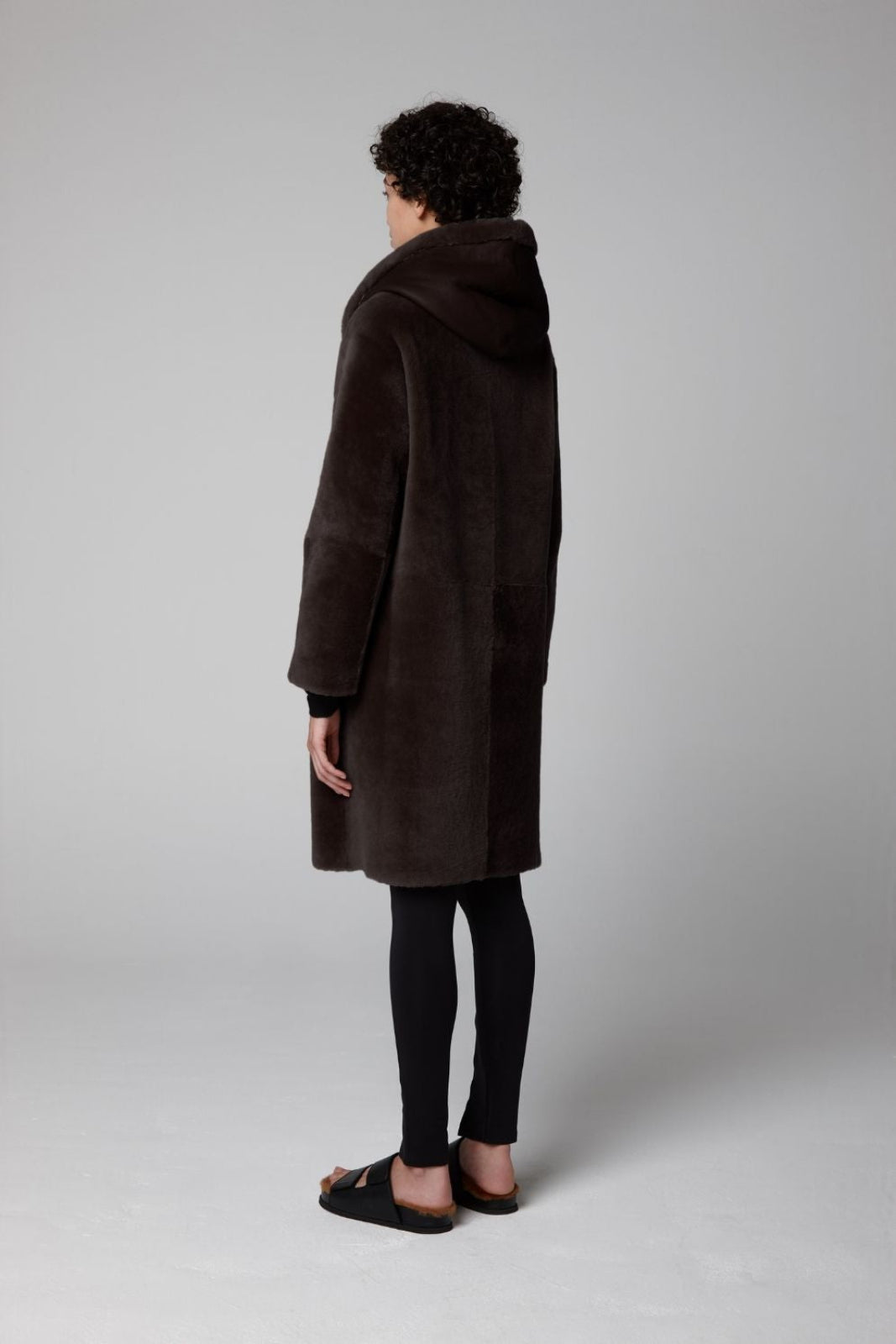 Brown Hooded Shearling Coat - full length back wool out - women | Gushlow & Cole