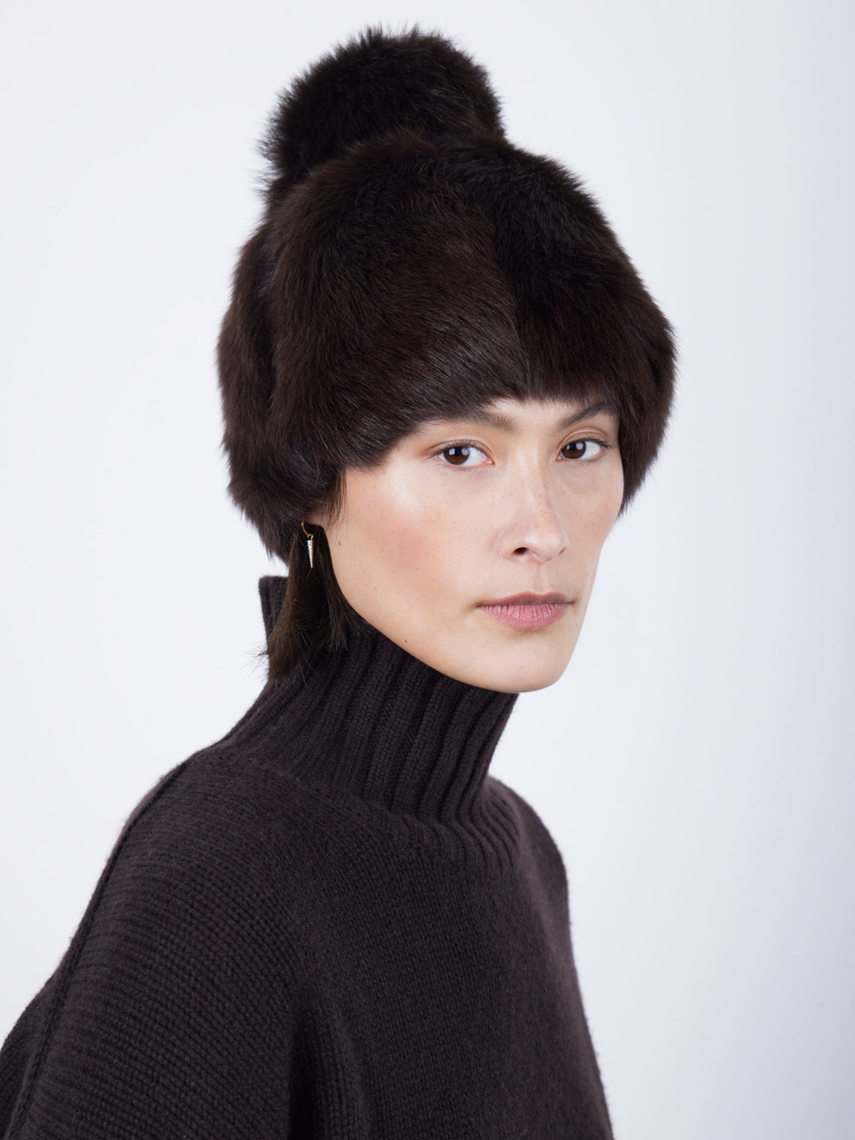 Brown Shearling Bobble Hat | Womens | Gushlow & Cole- model front on