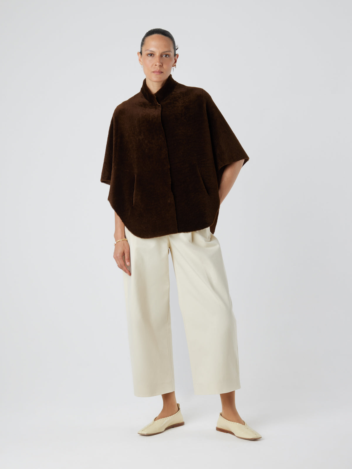 Brown Shearling Cape Jacket | Womens | Gushlow & Cole-full length on model front