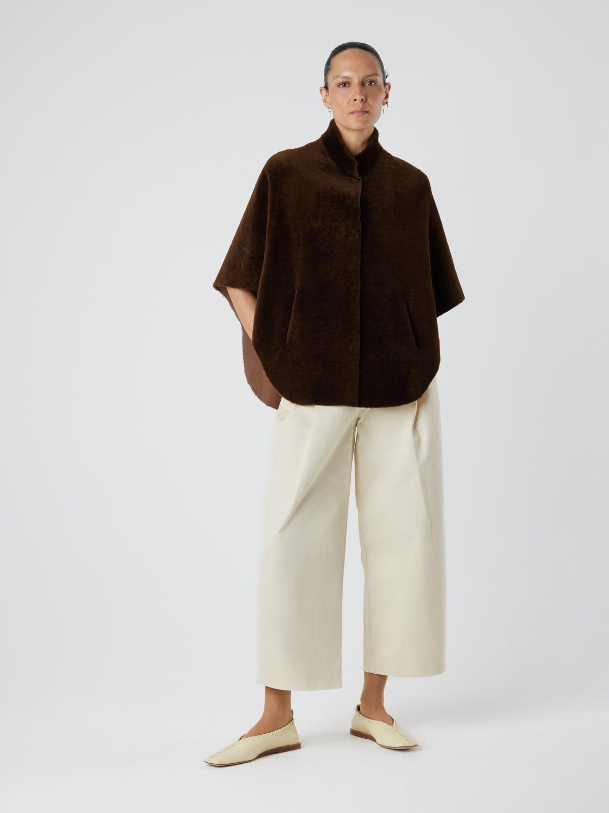 Brown Shearling Cape Jacket | Womens | Gushlow & Cole-full length on model front side