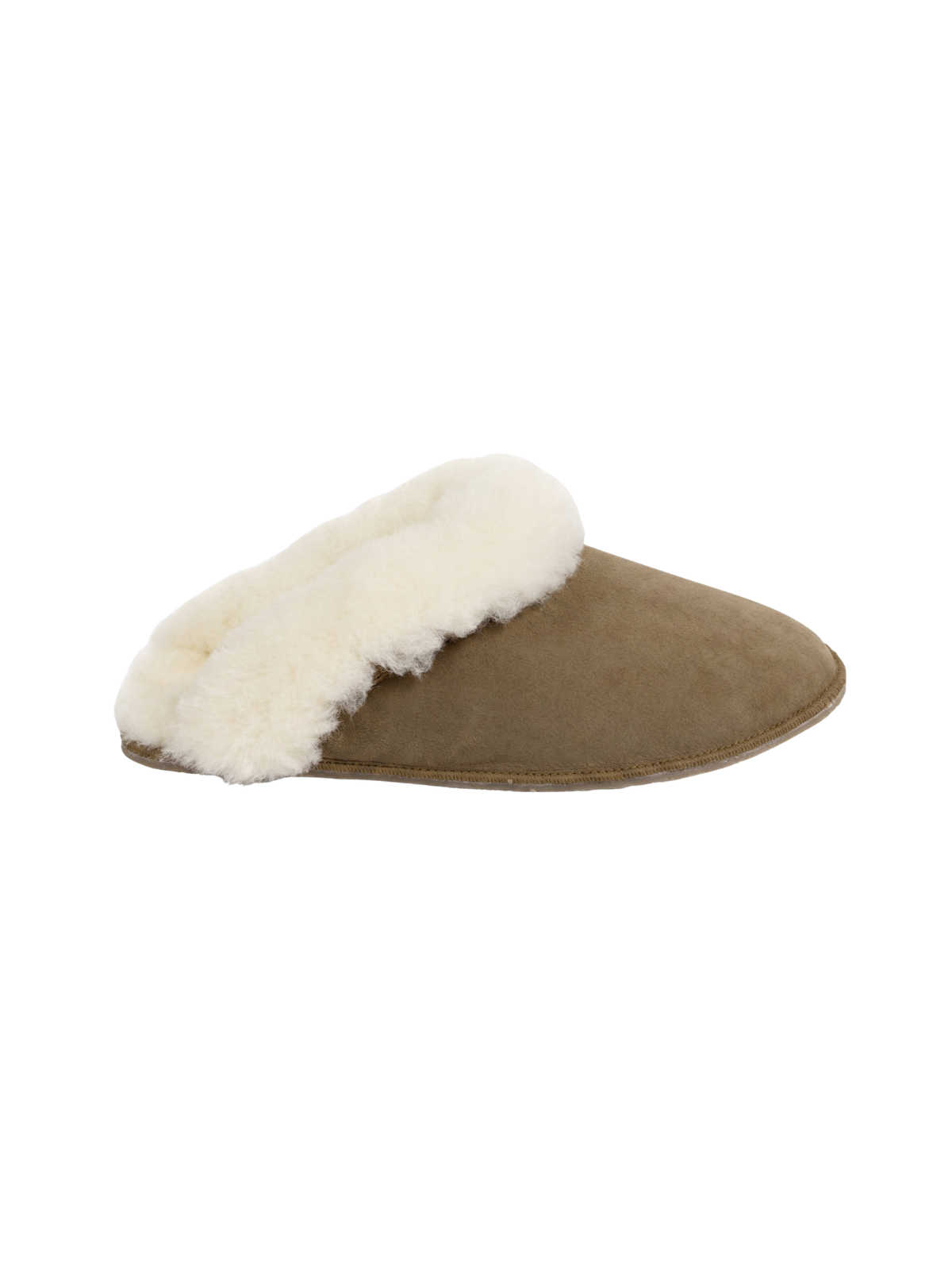 side image of Babbi Dakota Shearling Slippers in California Khaki Brown on white background - gushlow & cole