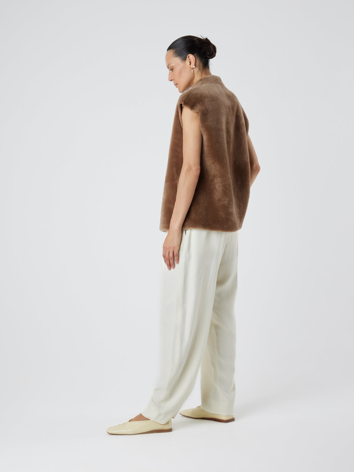 Camel Boxy Shearling Gilet | Womens | Gushlow & Cole - model back