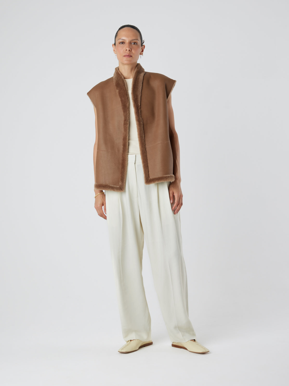 Camel Boxy Shearling Gilet | Womens | Gushlow & Cole - model leather out gilet