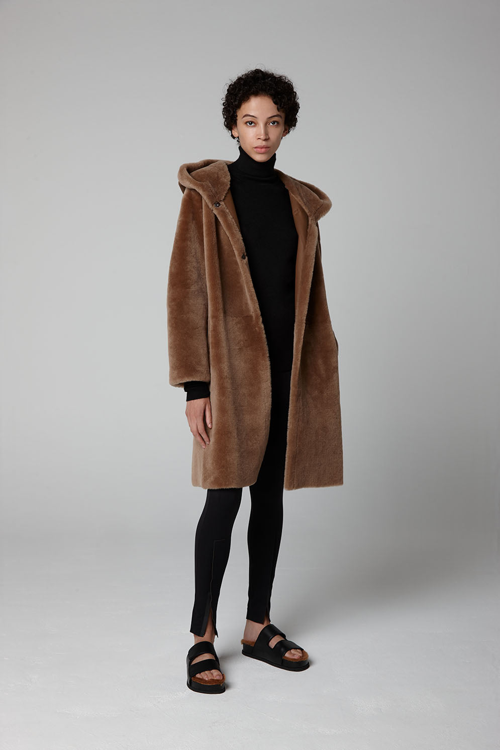 Camel Hooded Shearling Coat - model full length open - women | Gushlow & Cole