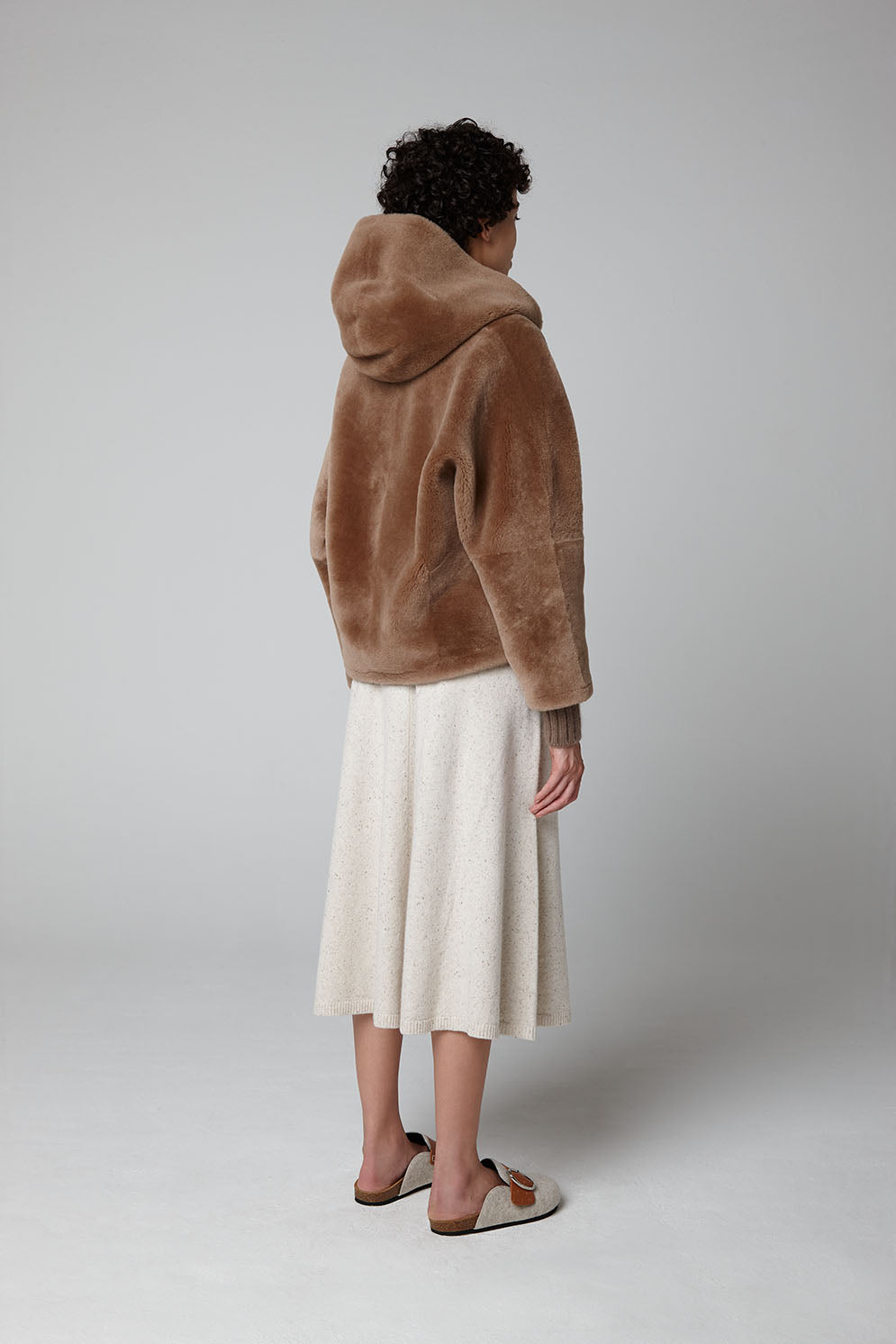 Camel Hooded Shearling Jacket - model full length back - women | Gushlow & Cole