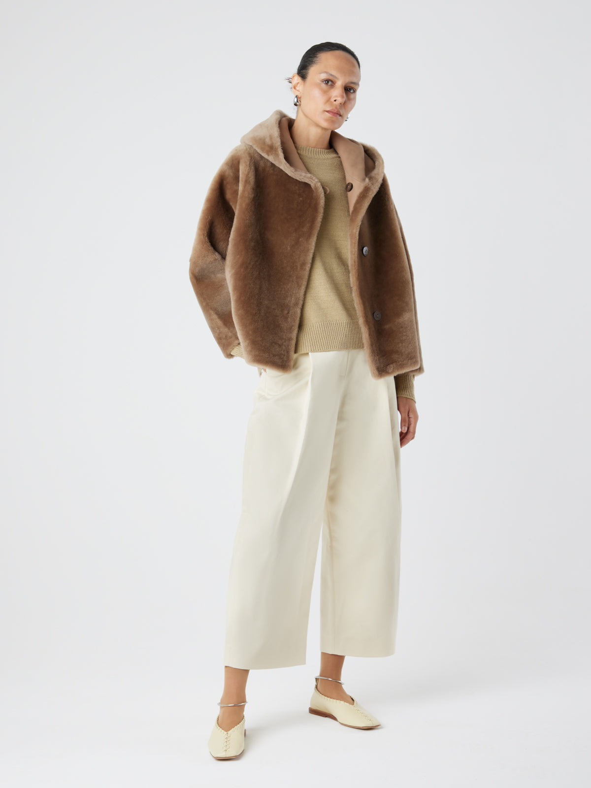Camel Hooded Shearling Jacket | Womens | Gushlow & Cole-model full length jacket wool out