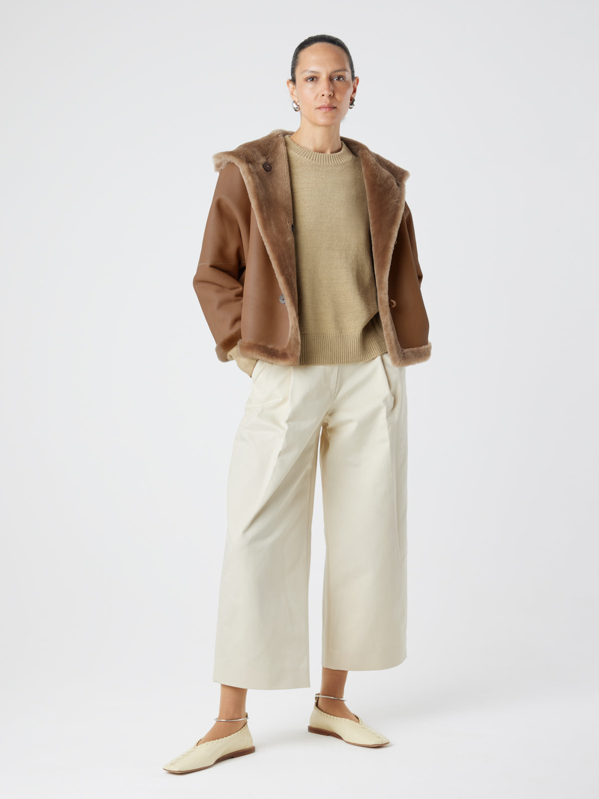 Camel Hooded Shearling Jacket | Womens | Gushlow & Cole-model full length jacket closed leather out