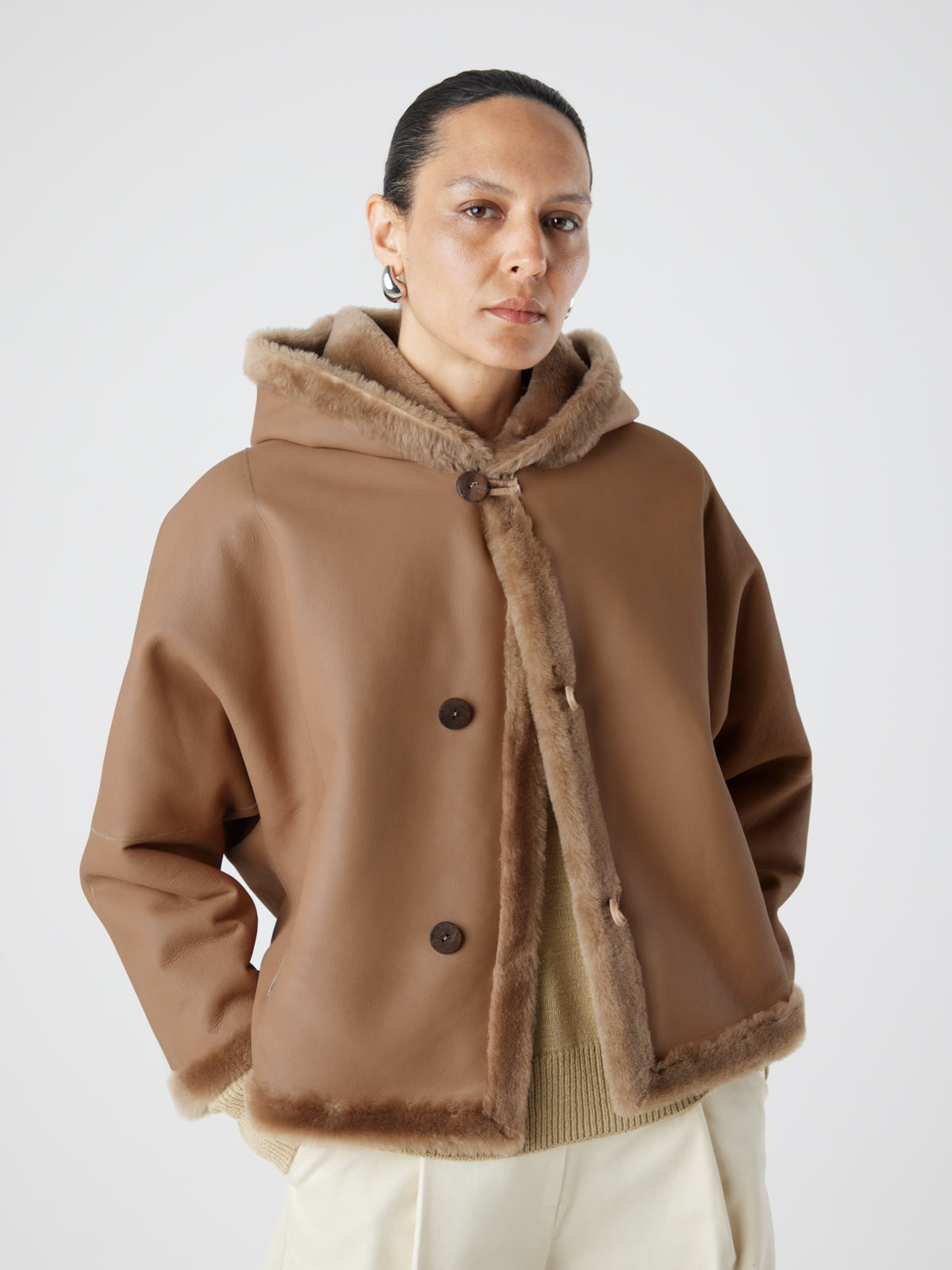 Camel Hooded Shearling Jacket | Womens | Gushlow & Cole-model crop jacket closed leather out