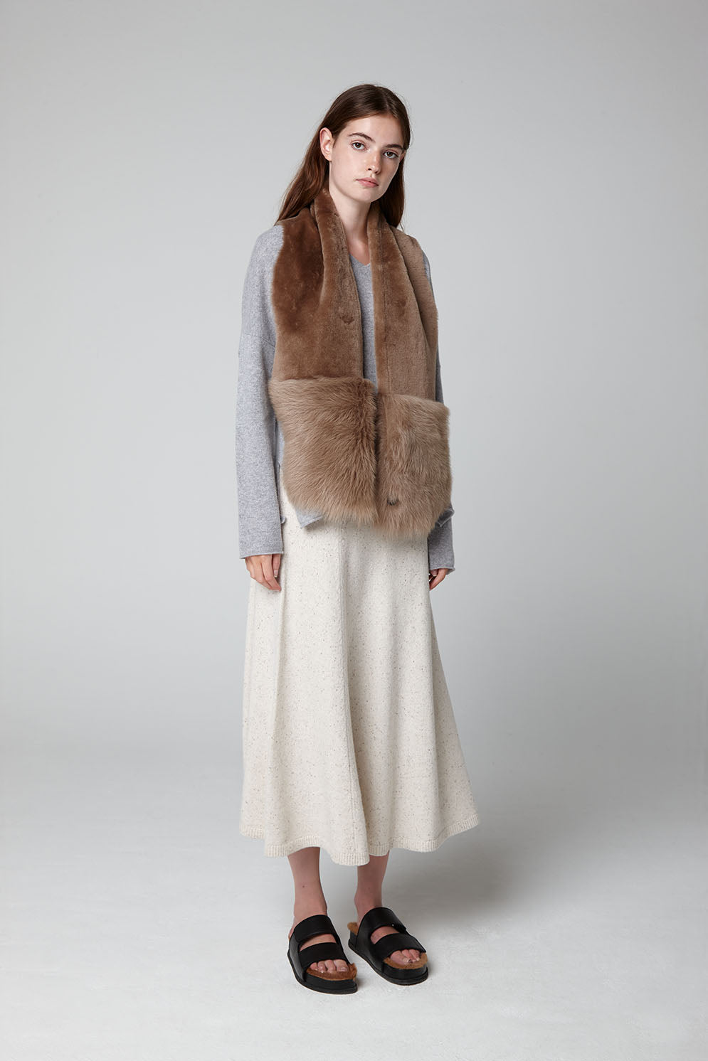 camel shearling baby mixed texture scarf - model full length - women | Gushlow & Cole
