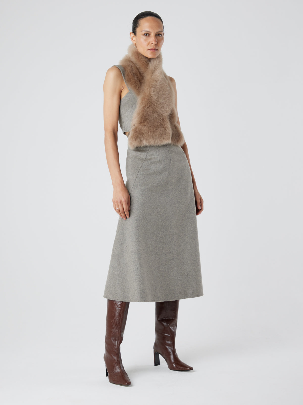 Camel Shearling Shawl Scarf | Womens | Gushlow & Cole - model full length scarf crossed over
