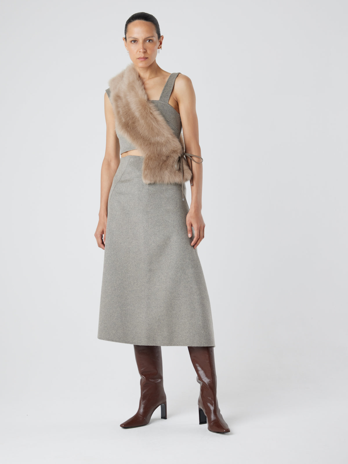Camel Shearling Shawl Scarf | Womens | Gushlow & Cole - model full length scarf sash