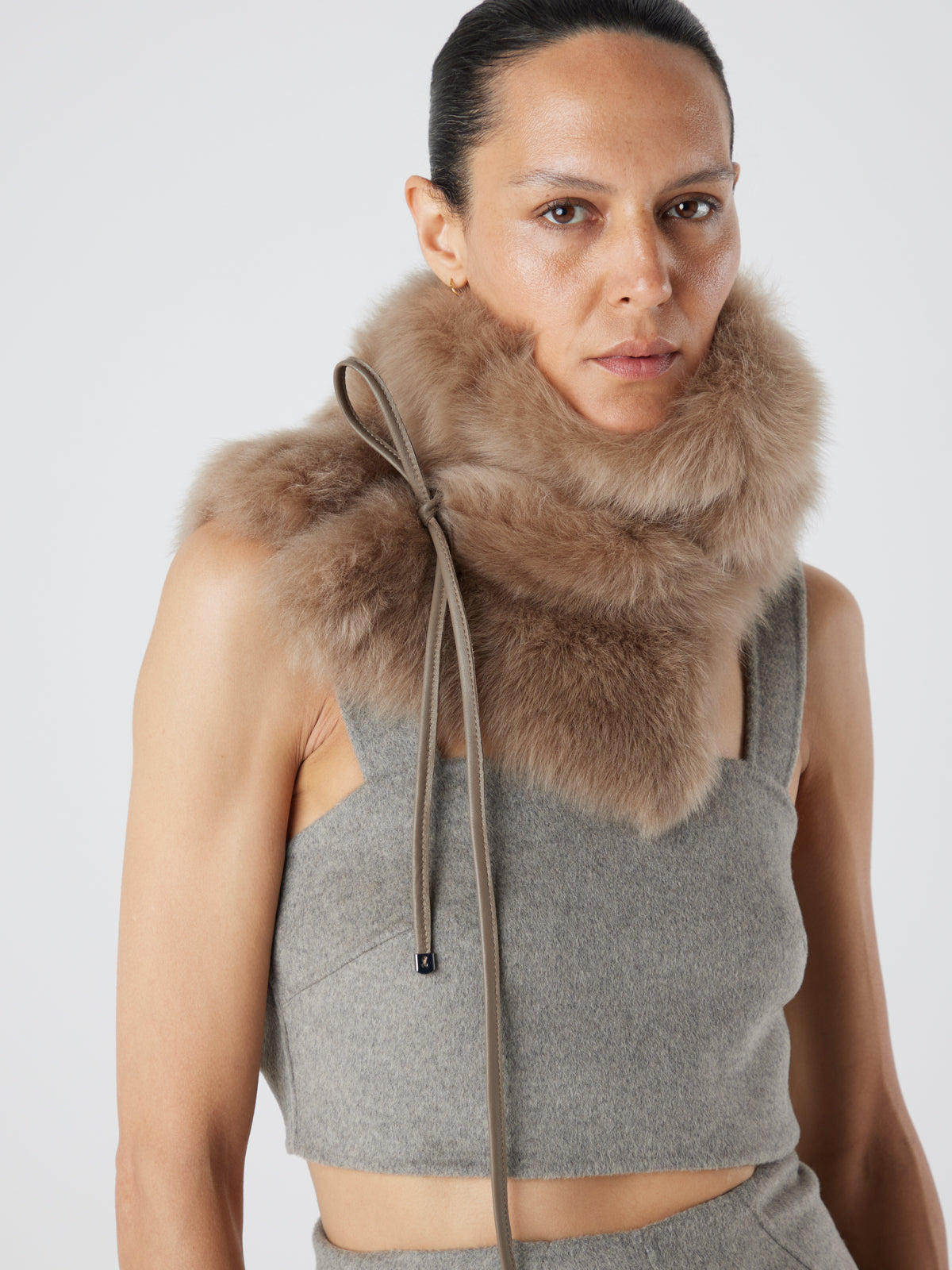 Shearling Shawl Scarf with Leather Tie