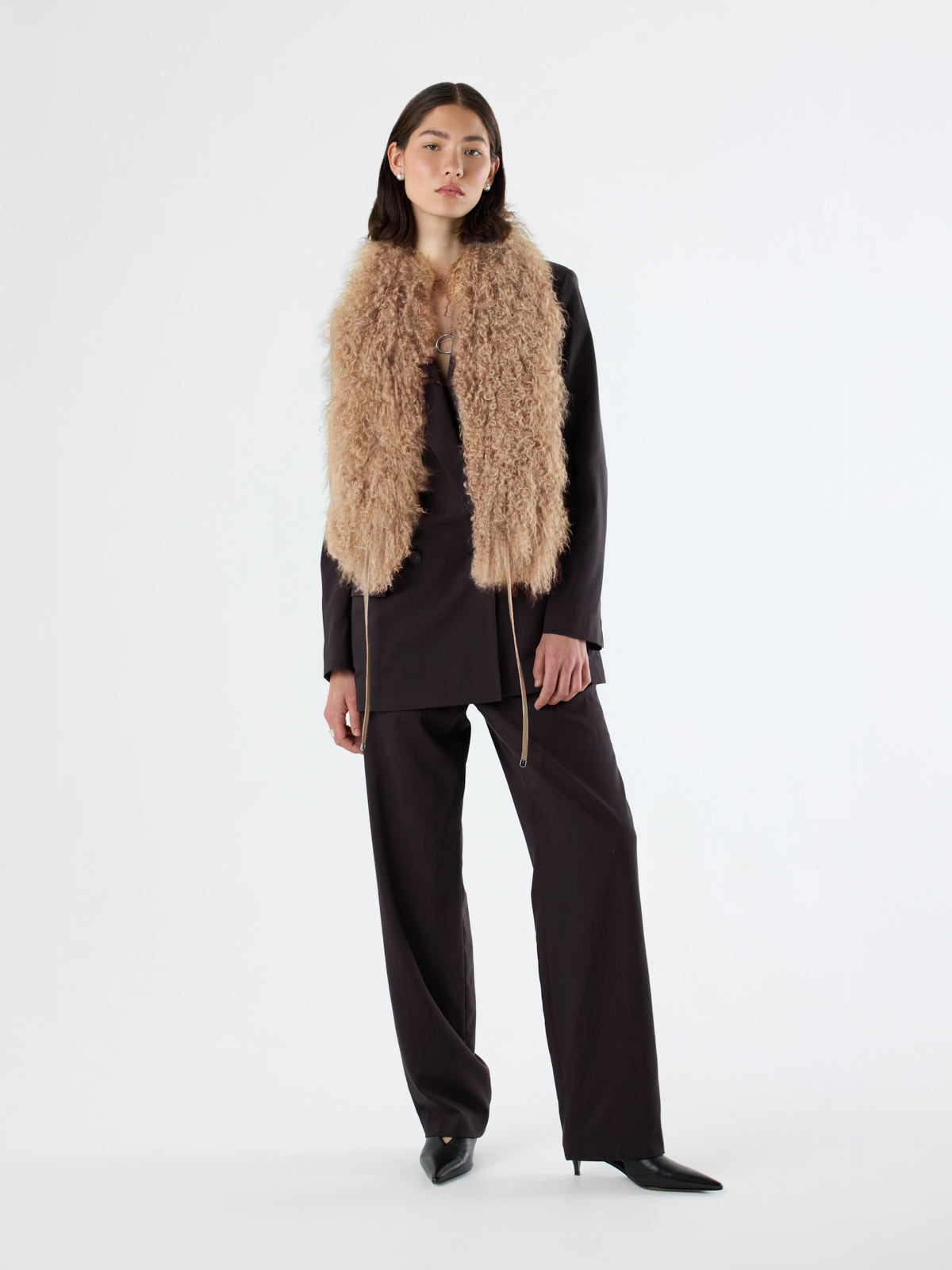 Camel Mongolian Shearling Shawl Scarf | Women | Gushlow & Cole