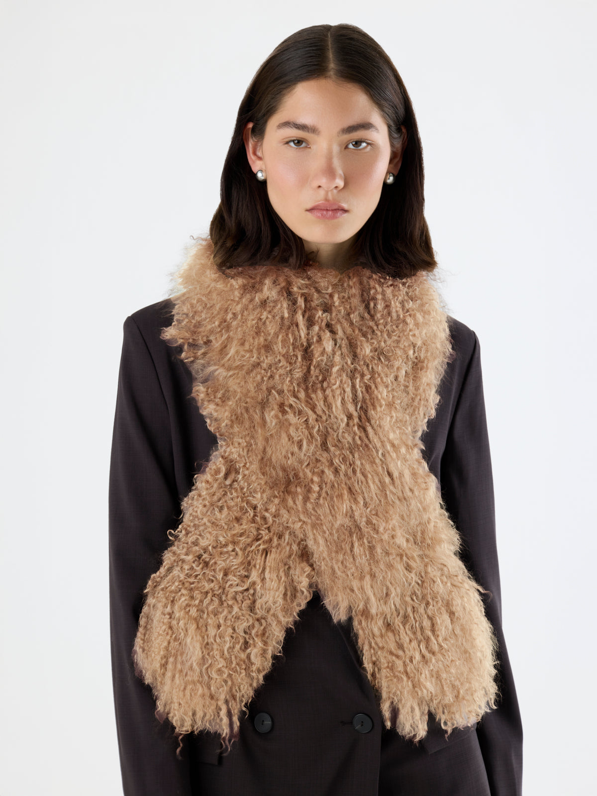 Camel Mongolian Shearling Shawl Scarf | Women | Gushlow & Cole