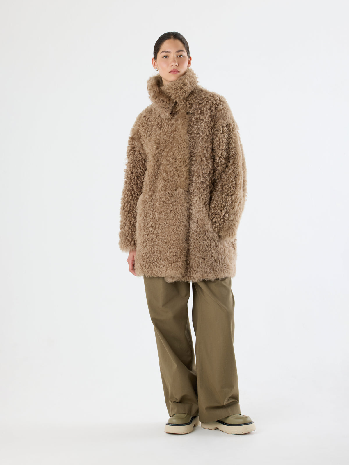 Relaxed Fit Curly Shearling Coat