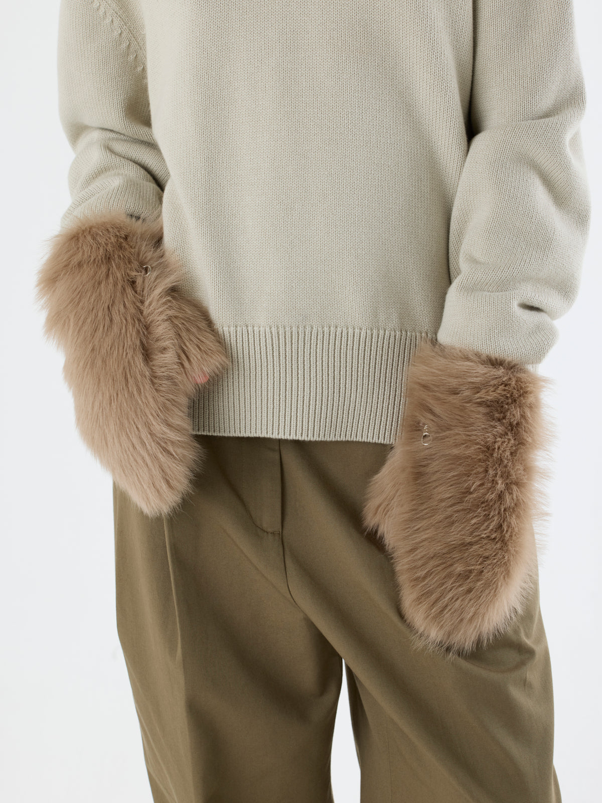 woman wearing Camel Touchscreen Shearling Mittens by Gushlow & Cole on white background