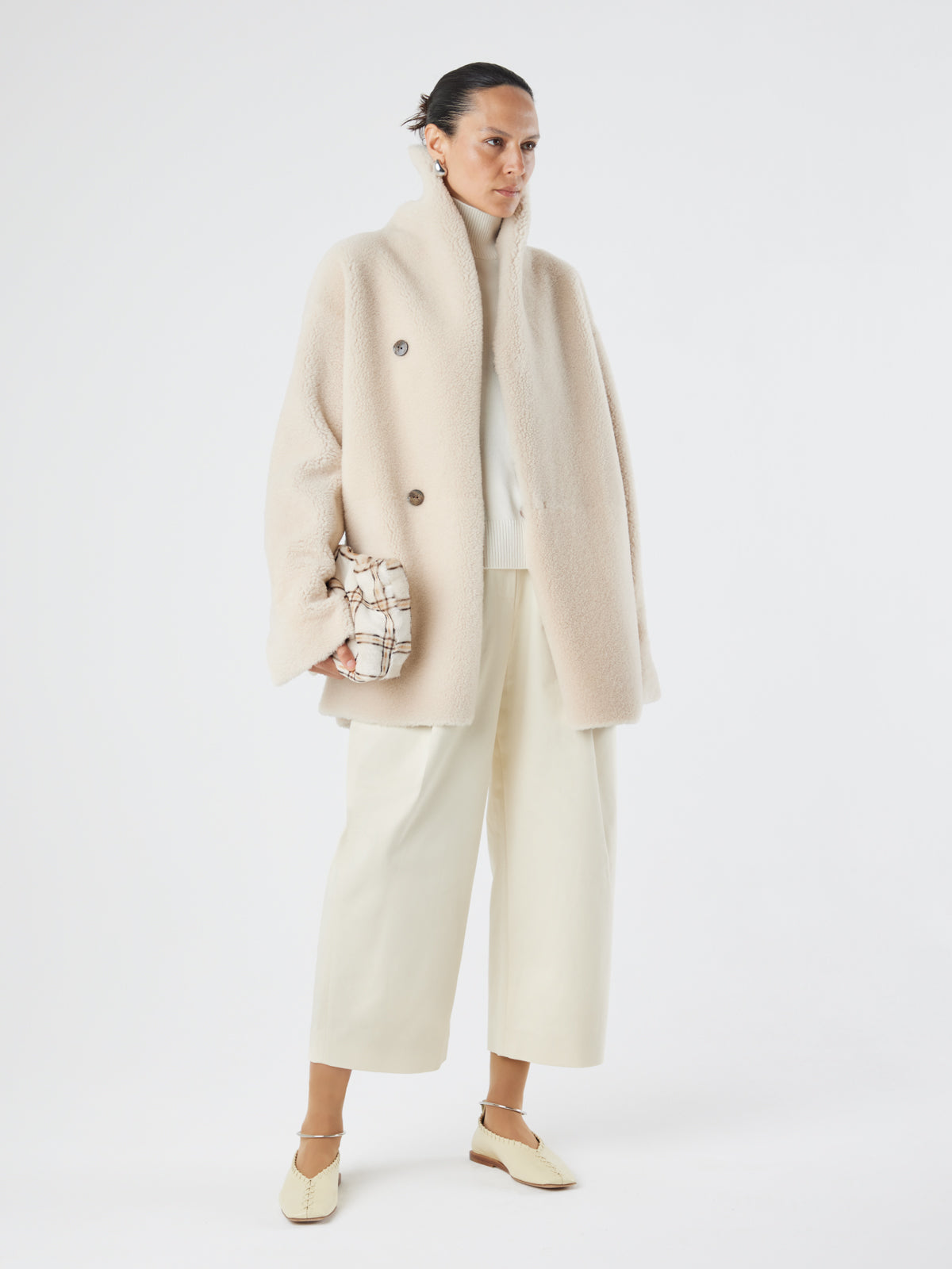 Check Print Soft Shearling Clutch Bag | Womens | Gushlow & Cole-model holding bag