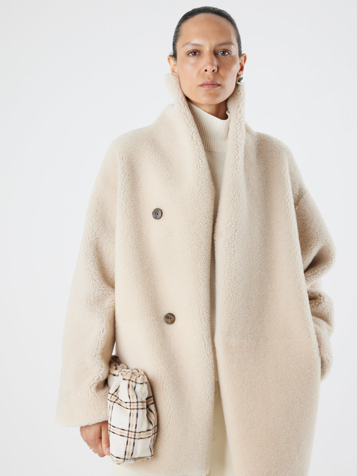 Check Print Soft Shearling Clutch Bag | Womens | Gushlow & Cole- crop model holding bag