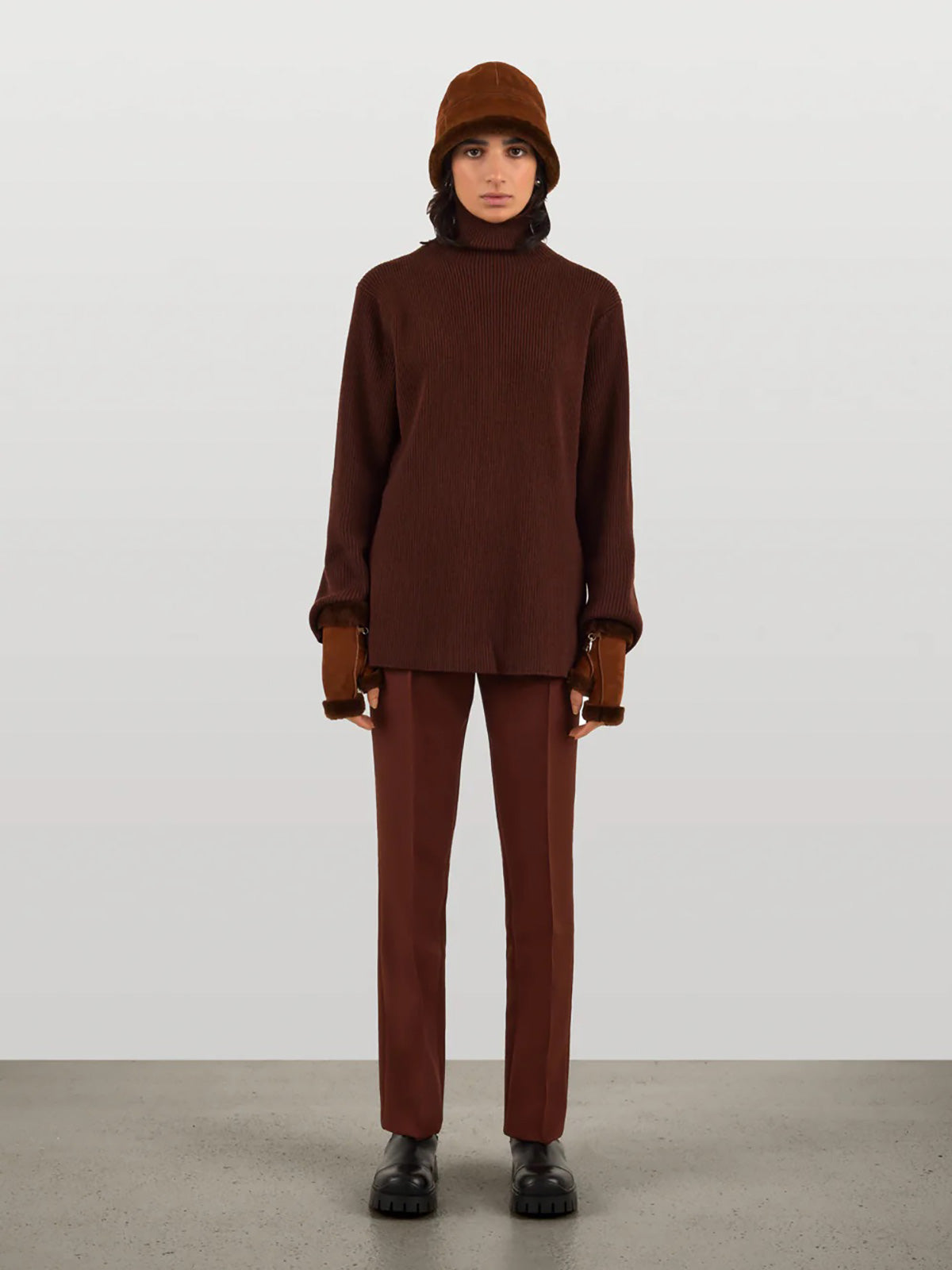 Chestnut Brown Norman Shearling Hat | Women | Gushlow & Cole - full length hat on model