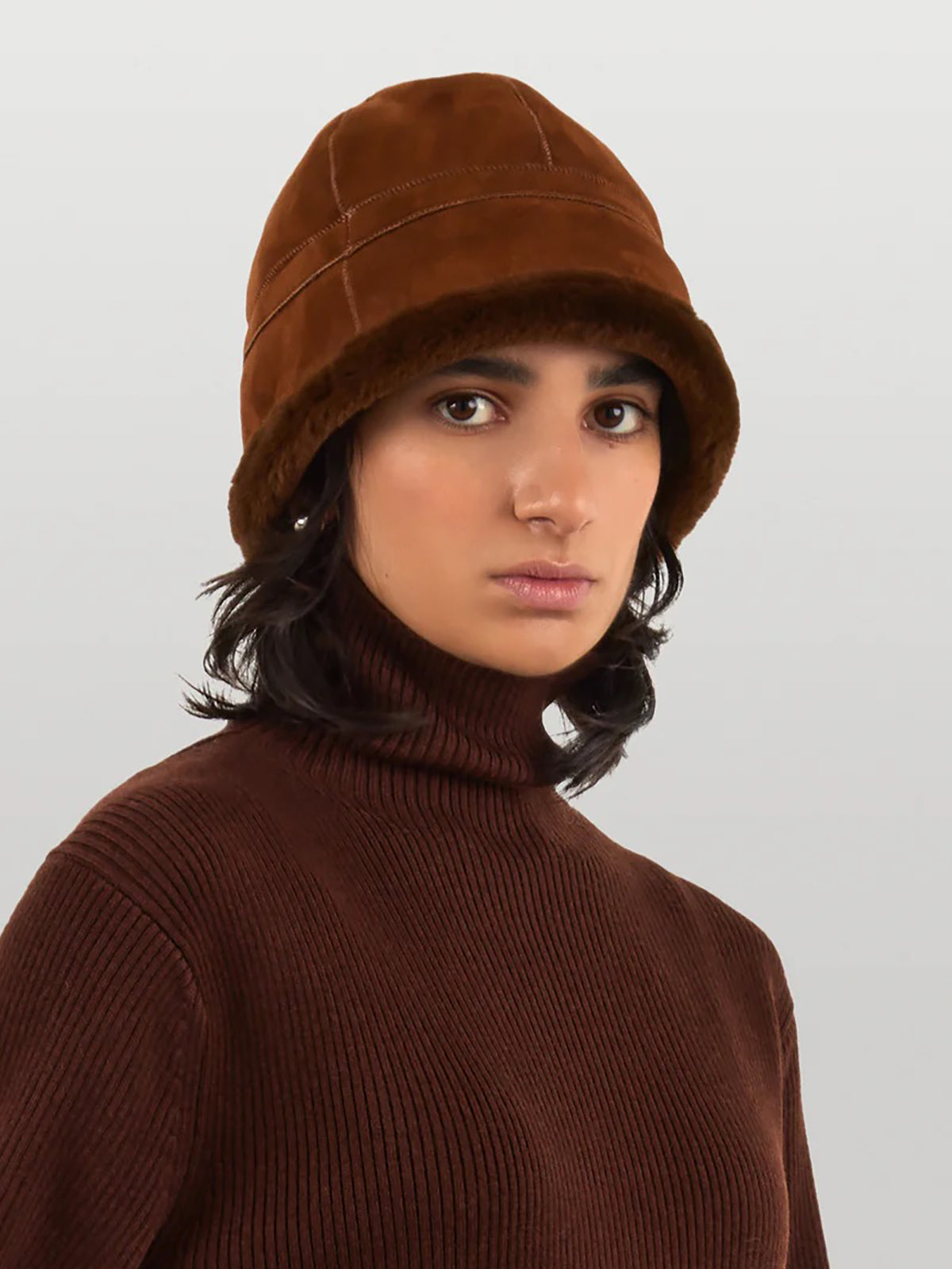 Chestnut Brown Norman Shearling Hat | Women | Gushlow & Cole - crop hat on model