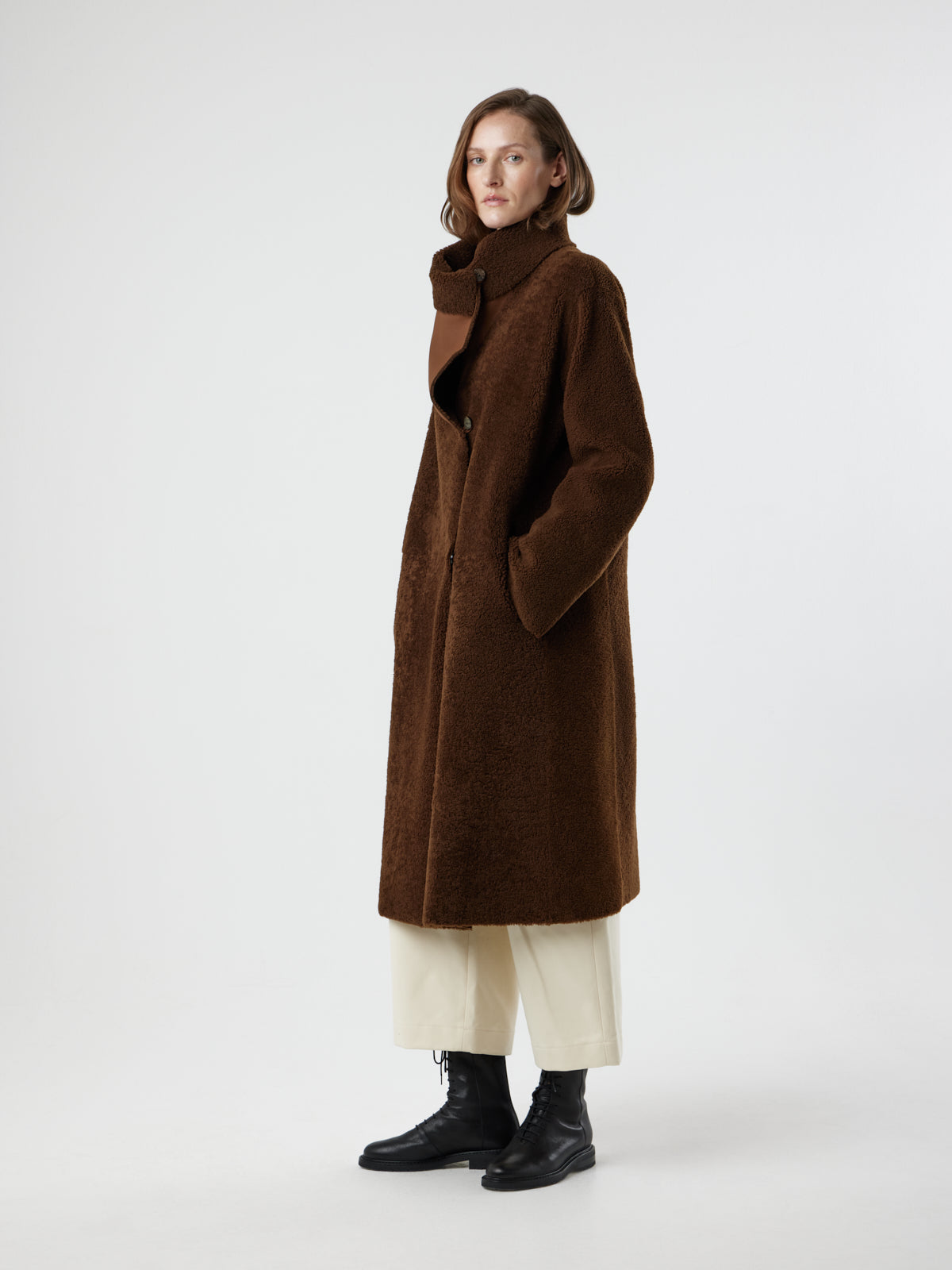 Funnel Collar Shearling Coat