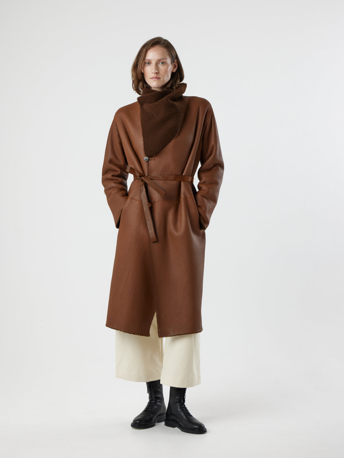Funnel Collar Shearling Coat