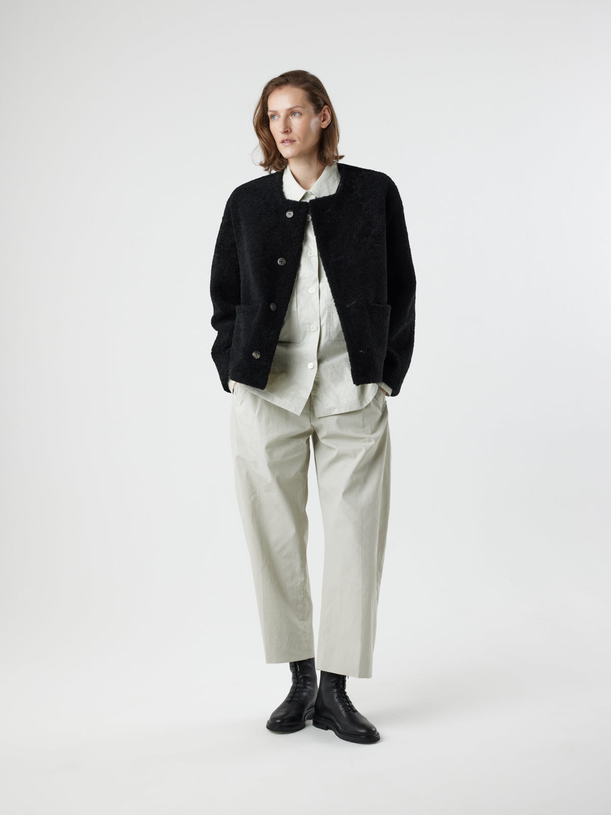 Collarless Patch Pocket Shearling Jacket